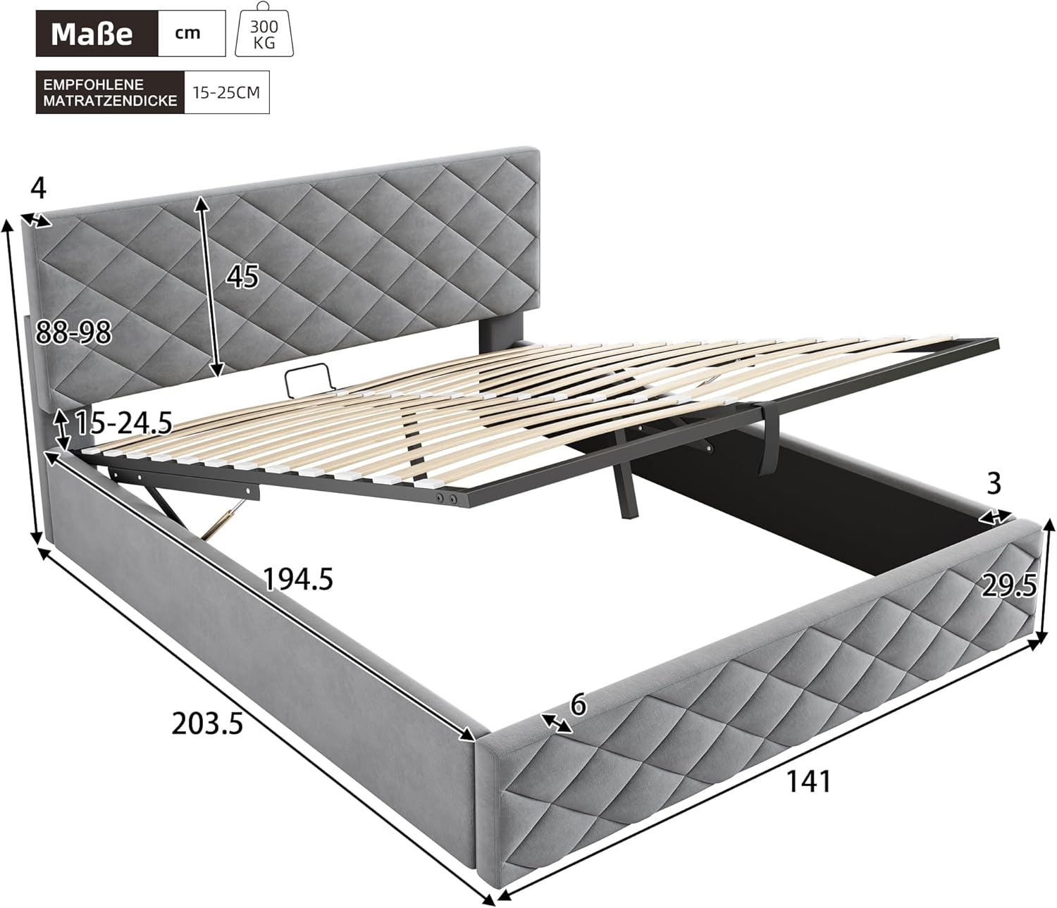 Diagram showing dimensions and components of the Moimhear Upholstered Bed