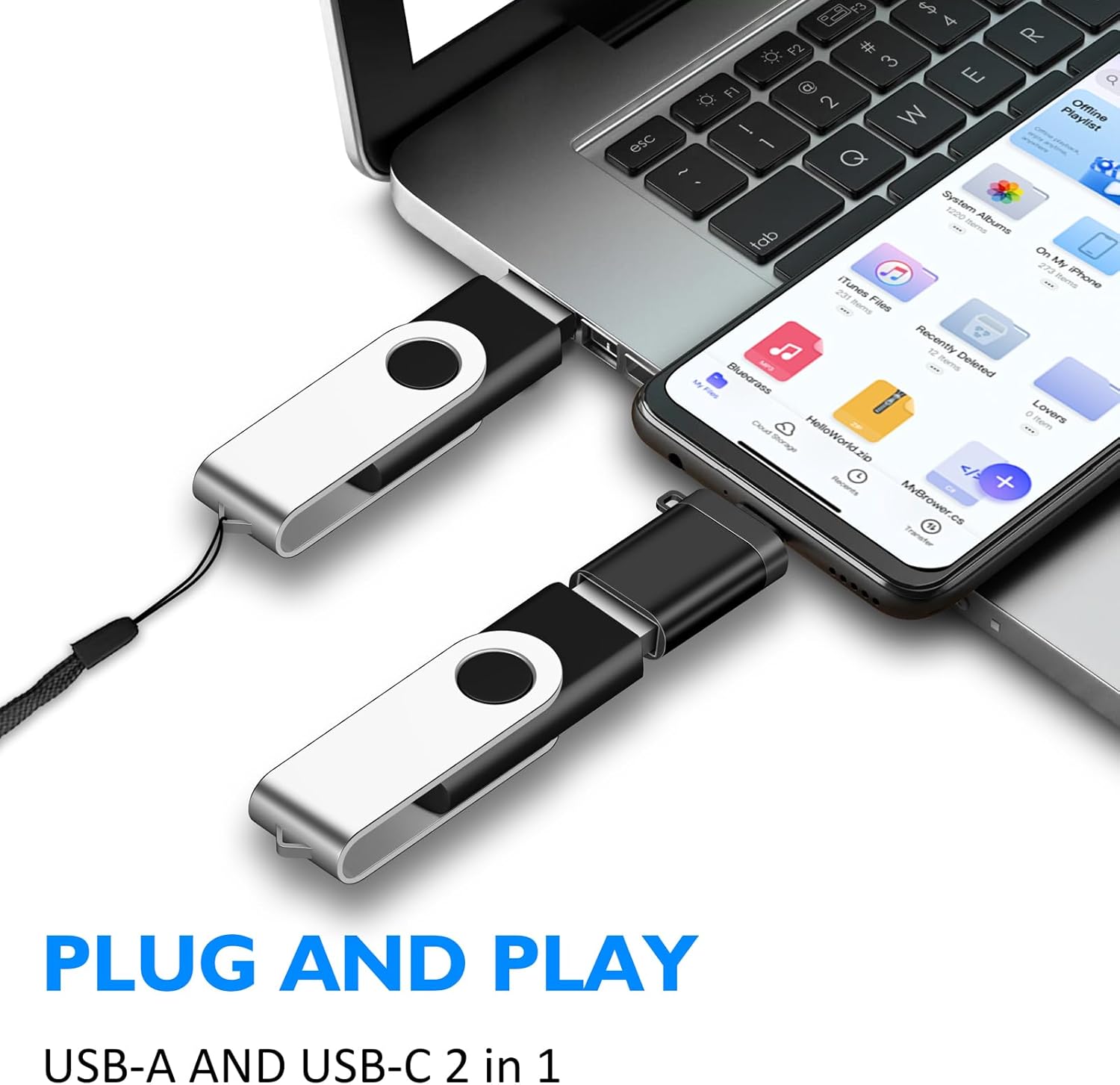EASTBULL 5 Pack of 16GB USB 2.0 Flash Drives with 5 Type-C Adapters and Keychains, High Speed 360 Rotatable Swivel Thumb Drives (5Pcs Black)