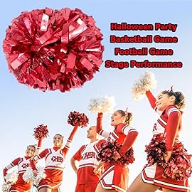 Hooshing 2PCS Red Pom Poms Cheerleading Holographic Spot Cheerleader Pom Poms with Baton Handle for Team Spirit Sports Dance Cheering