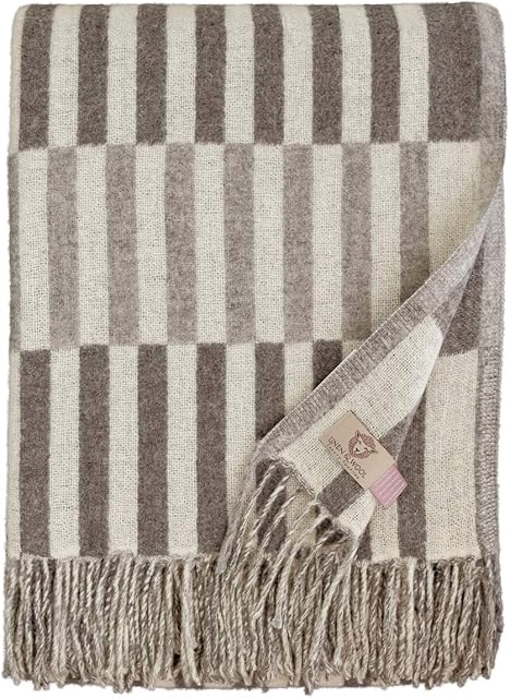 Linen & Cotton Luxury Soft Patterned Throw/Blanket Frans - 100% Fine Merino Wool, Brown/Natural (140 x 200cm) Knee Warm Plaid for Sofa Bed Couch Settee Armchair Bedspread Single Double Lambswool