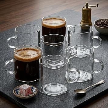 Deconox 6'lı Borosilikat Cam Kupa Seti - Isıya Dayanıklı, İnce ve Hafif Çay, Türk Kahvesi ve Espresso Bardağı Takımı (150 ml)