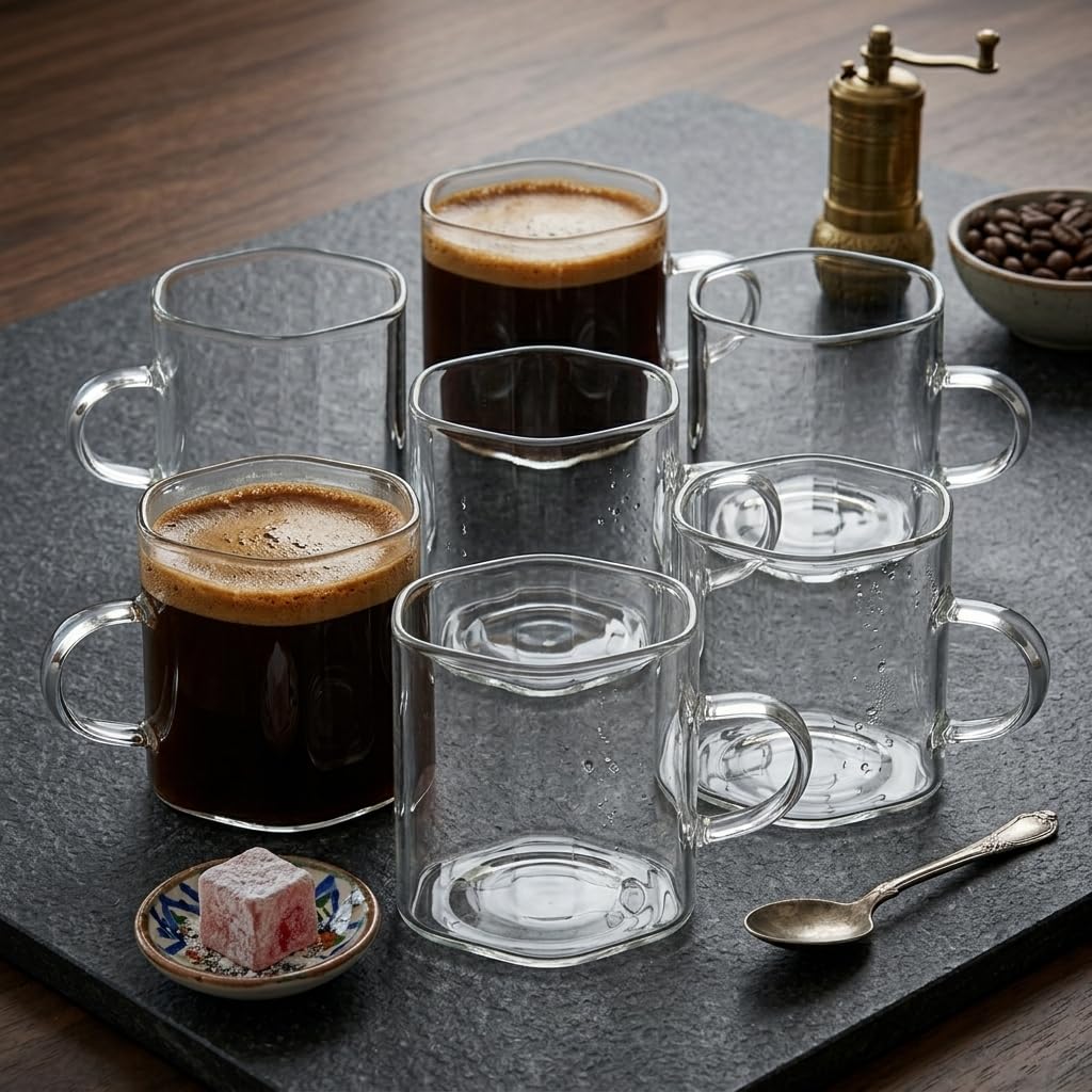 Deconox 6'lı Borosilikat Cam Kupa Seti - Isıya Dayanıklı, İnce ve Hafif Çay, Türk Kahvesi ve Espresso Bardağı Takımı (150 ml)
