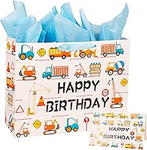 Birthday Gift Bag for Presents, Medium Gift Bags with Greeting Card and Tissue Paper for Kids Adult Men Women's Birthday (Excavator)