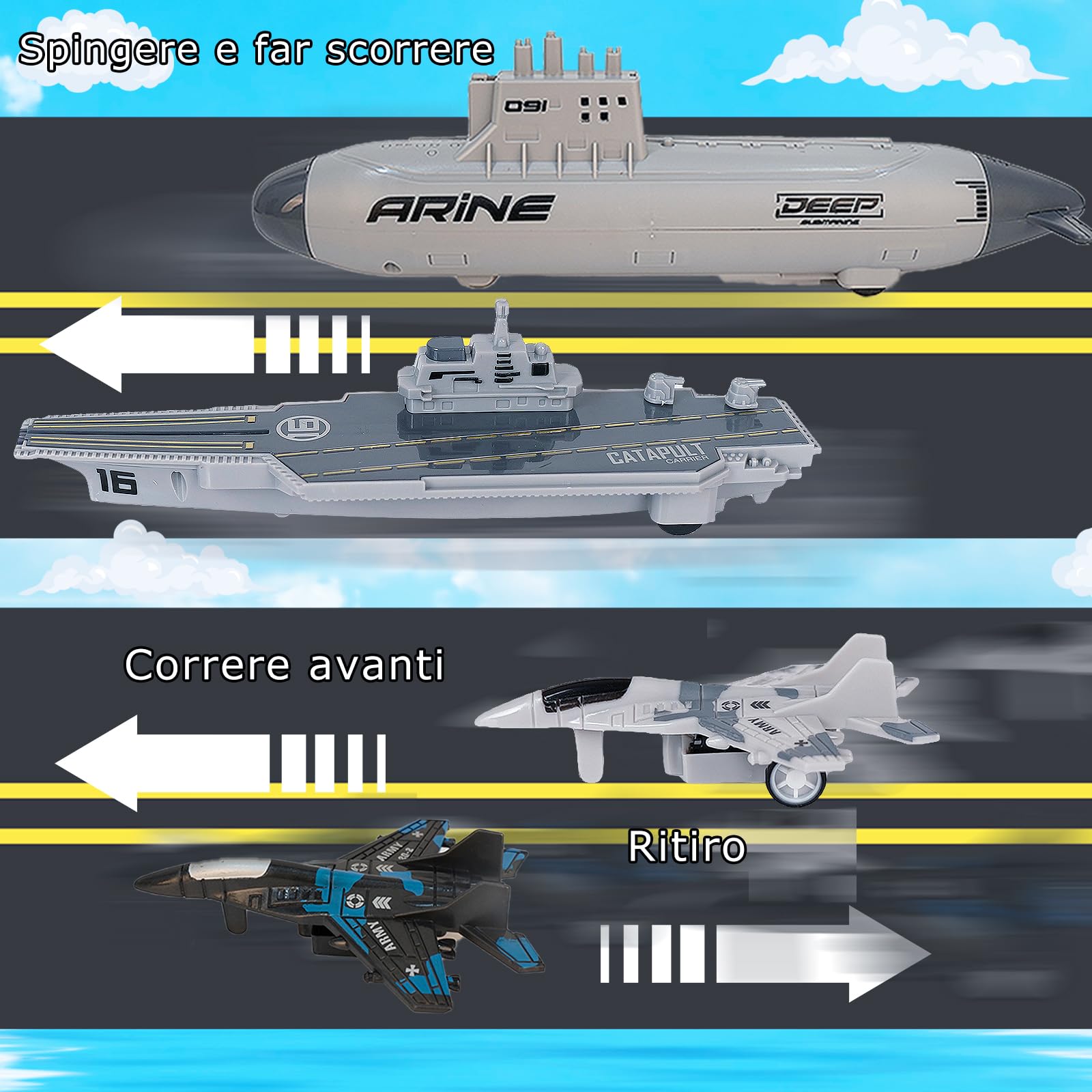 VBACALA Kit di Portaerei per Bambini-con Aereo Corazzato a Ripiego, U-Boat e Navi da Guerra,Set Giocattoli Militari Navali Appassionati di Storia Militare per Bambini 3+ Anni