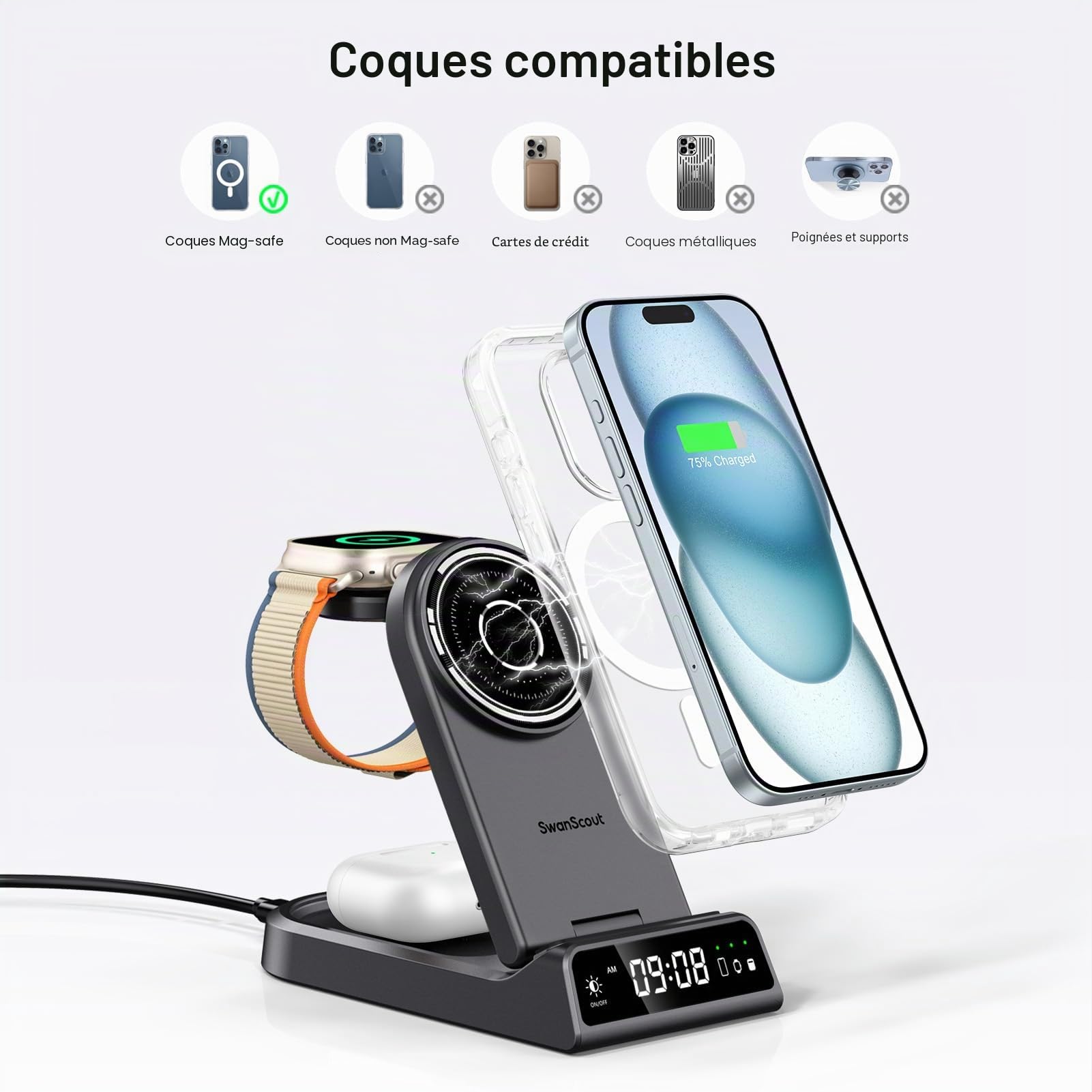 SwanScout Mag-Safe Chargeur Induction, 4 en 1 Station de Charge pour iPhone Air/17/16/15/14/13 Séries, Chargeur sans Fil Portable pour Apple Watch Ultra 3/11/10/9/8/7/6/5/4, SwanScout 702M