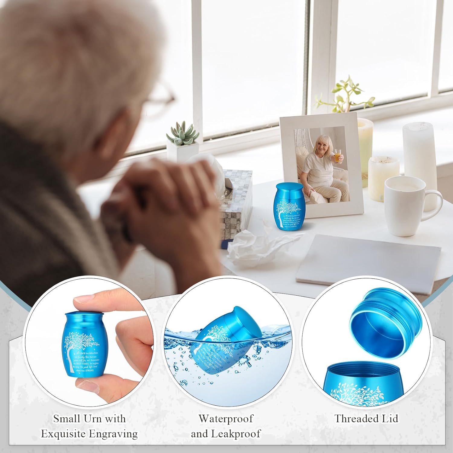 Shimeyao Set of 8 Small Urns for Human Ashes Cremation Urns Keepsake Ash Holders Family Tree Memorial Heart Locket Waterproof for Adults Women Men Loved Ones(Light Blue)