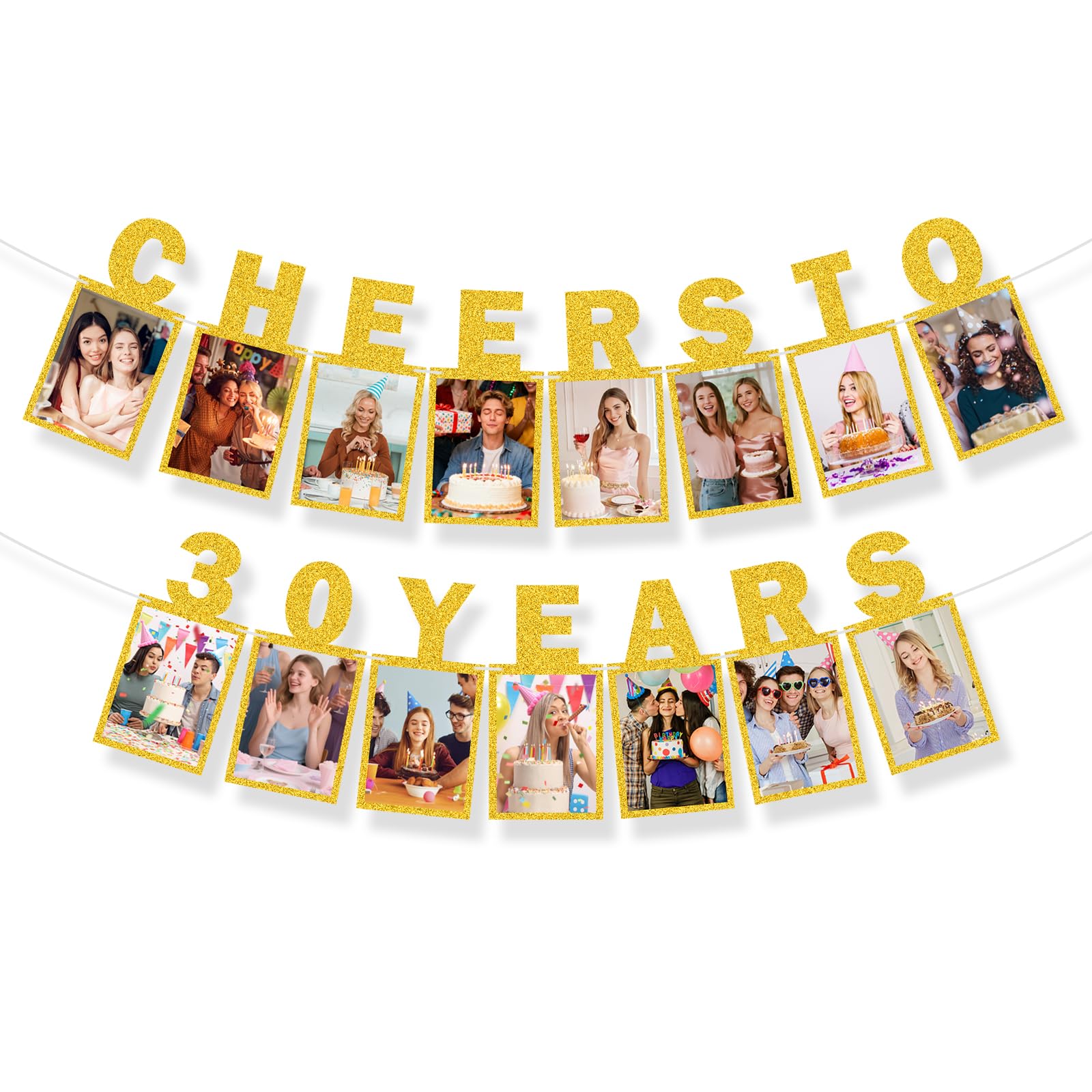 2Pcs Gold 30th Birthday Photo Banner Party Decorations, Pre-strung Gold Glitter Picture Frame, Cheer to Happy 30th Year Old Anniversary Supplies for Men Women