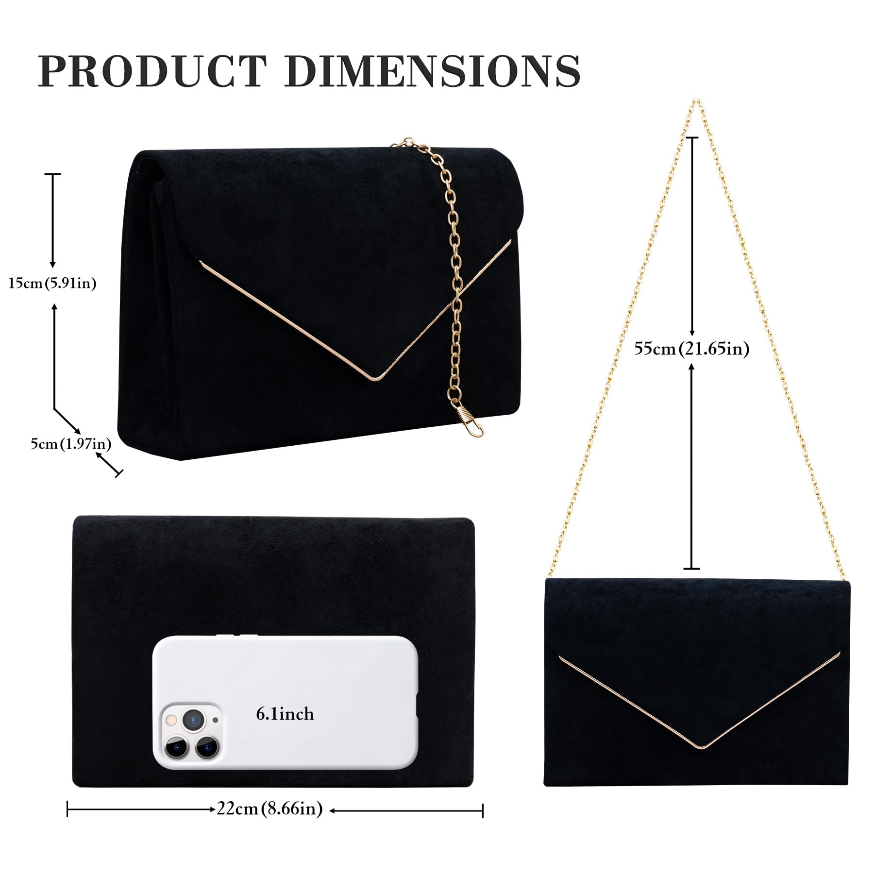 Larcenciel Clutch czarna, aksamitna torebka ze zdejmowanym łańcuszkiem, elegancka zamszowa koperta wieczorowa z kieszenią wielofunkcyjną, modna koperta z zamszu, na wesele, imprezę, 22 x 15 x 5 cm