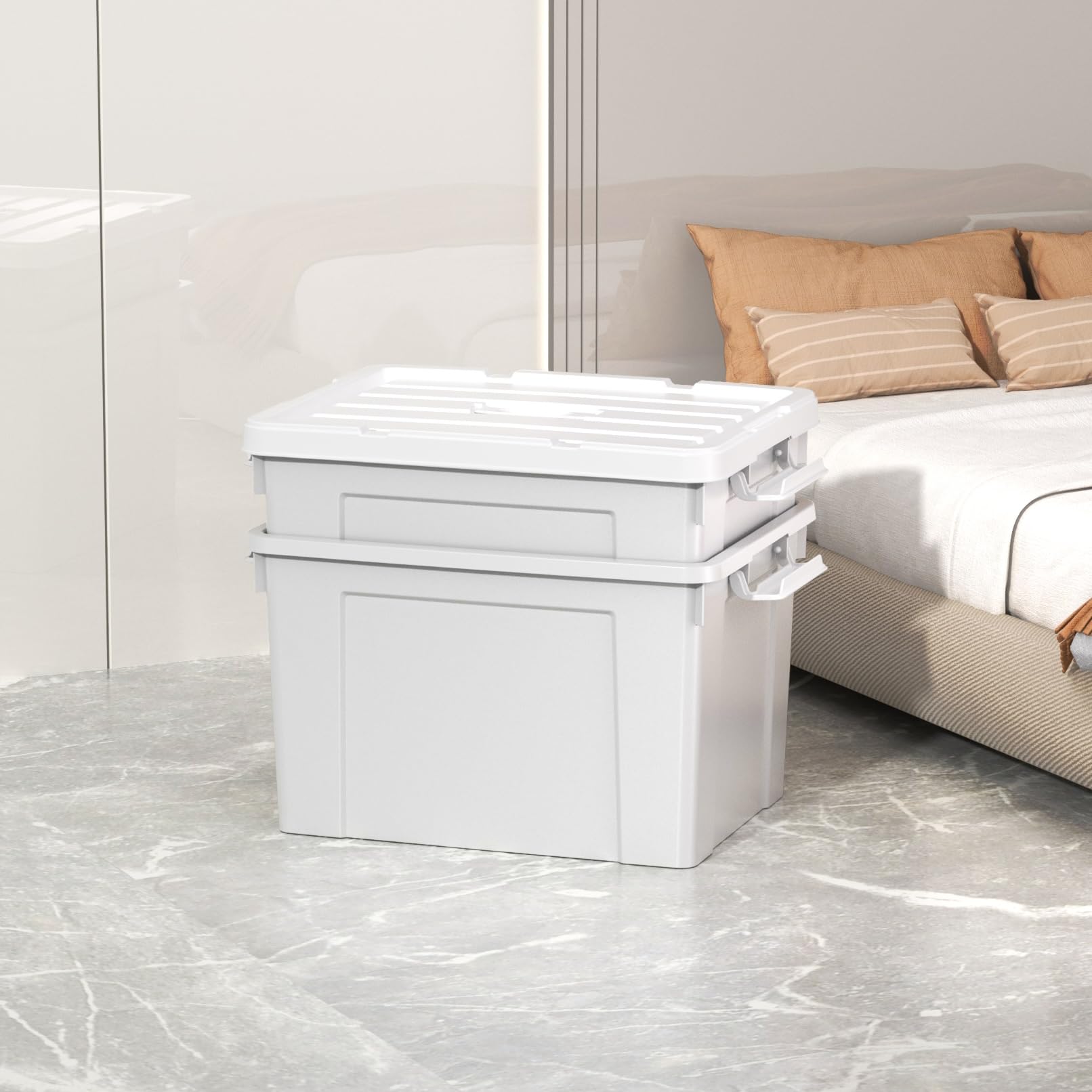 Cetomo 45L*3 Aufbewahrungsboxen, Tragbare Plastikboxen mit Deckeln, Organizer-Behälter mit Griff und Clips, Stapelbar, Ineinander Nestbar, für Zuhause und Büro, Grau, 45L-3er Pack