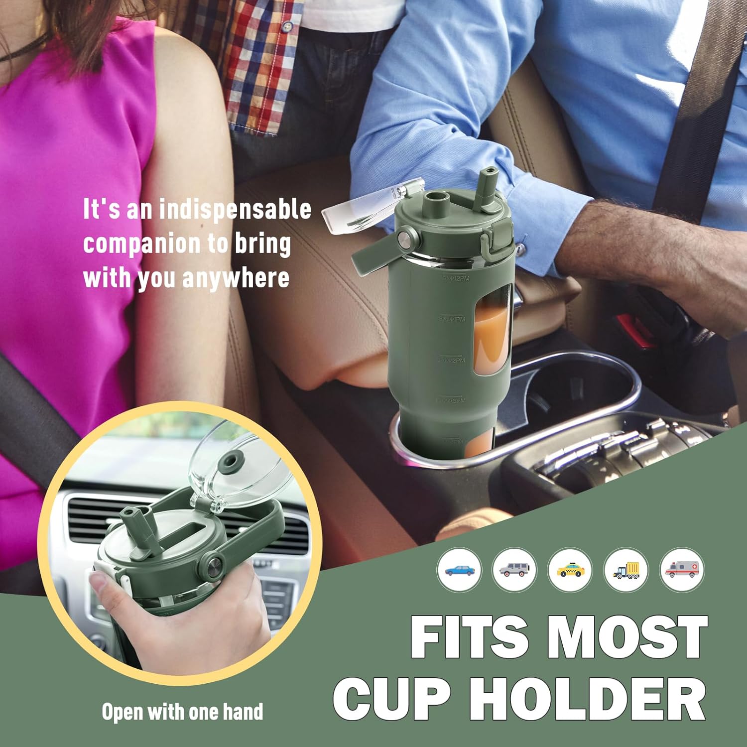 BLUEGO 40 oz Glass Water Bottles with Straw Time Marker, Glass Tumbler with Handle Top Lids, Easy to Clean, Fits in Car Cup Holder, Leakproof Jug for Gym, Sports, Workout & Daily, 02 Olive - Image 5