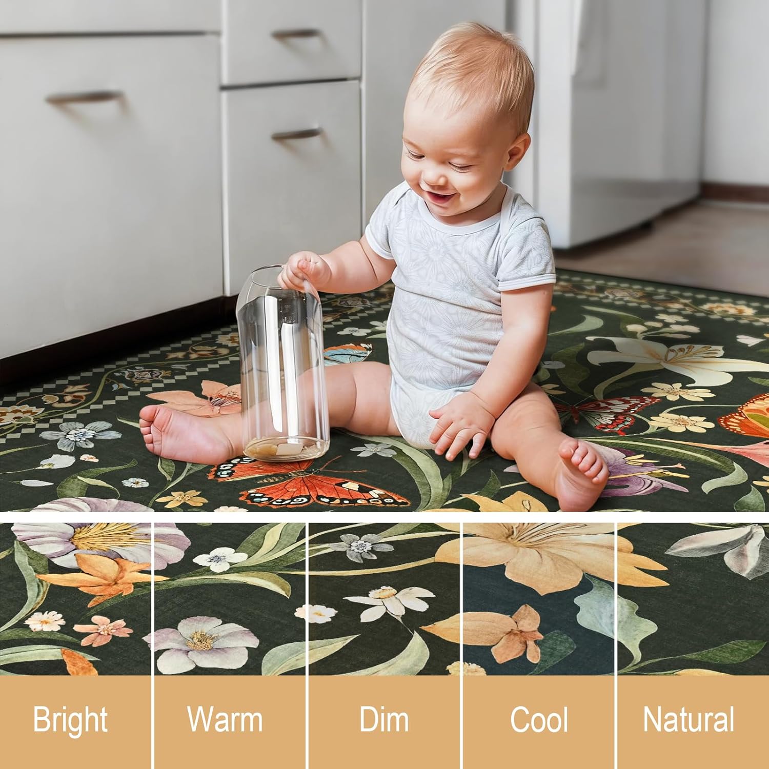 Living Room Rug 6x9, Washable Non-Slip Low Pile Rug - Ultra Soft Vintage Floral Area Rug for Bedroom Dining Room, with Rubber Backing, Stain & Fade Resistant