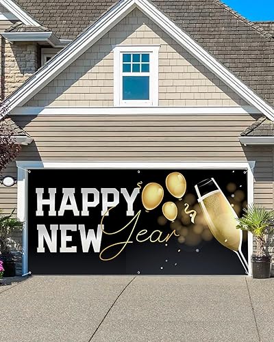 Cubierta de cartel para puerta de garaje con texto en inglés "Happy New Year", decoración de puerta de garaje colgante, cinta de globo de champán