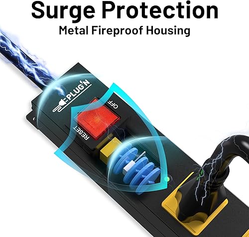 Miniatura 6 de Regleta protectora de sobretensiones de 2700J, regletas de alimentación resistentes con cable de 12 pies de largo y enchufe plano, tira de 6