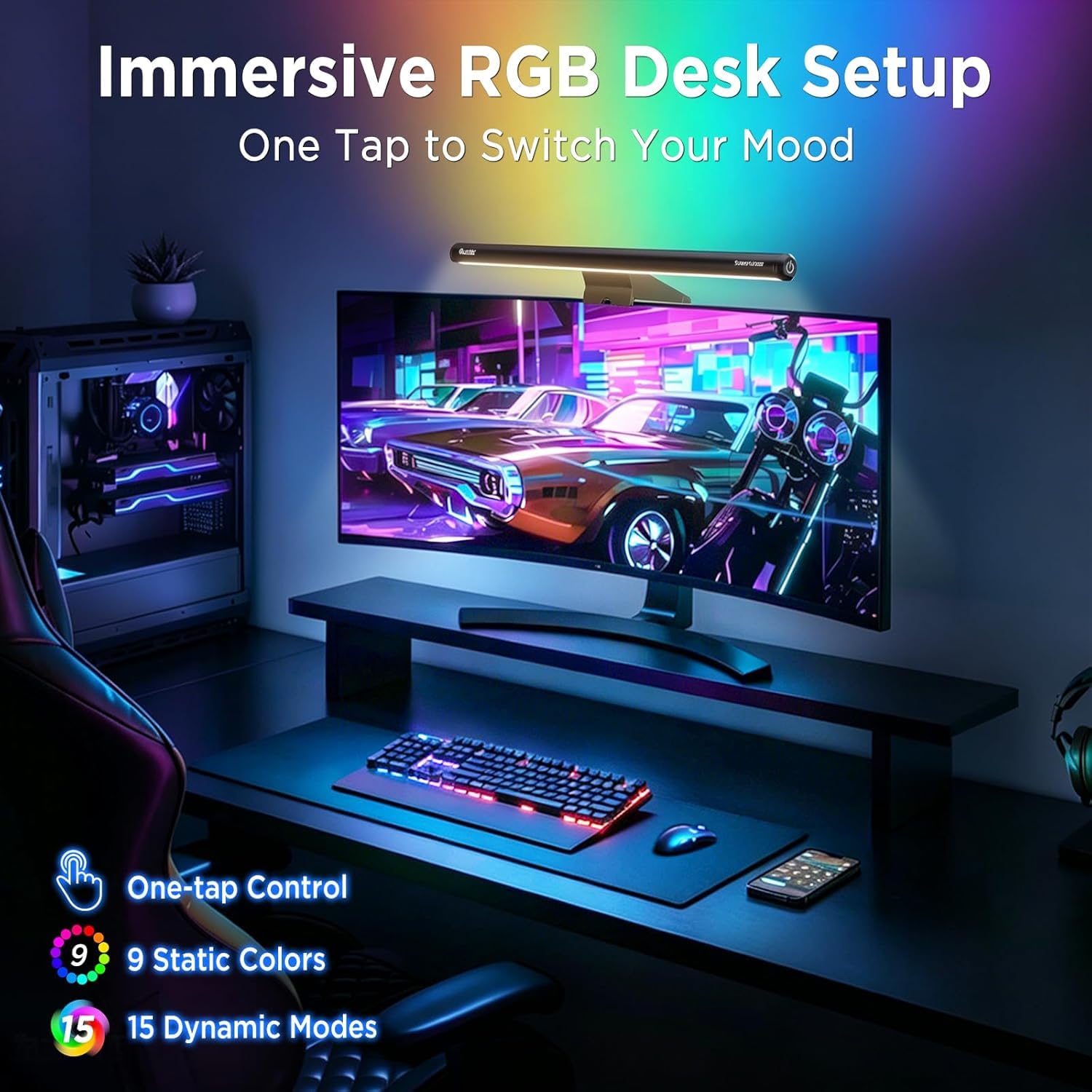 Quntis LED Lampe Ecran PC Lampe de Bureau USB d'ordinateur 40CM RGB Light Bar Monitor Computer, Lumière Ambiante Réglable 15 Couleurs d' Eclairage, Barre Lumineuse pour Gaming Lecture Office