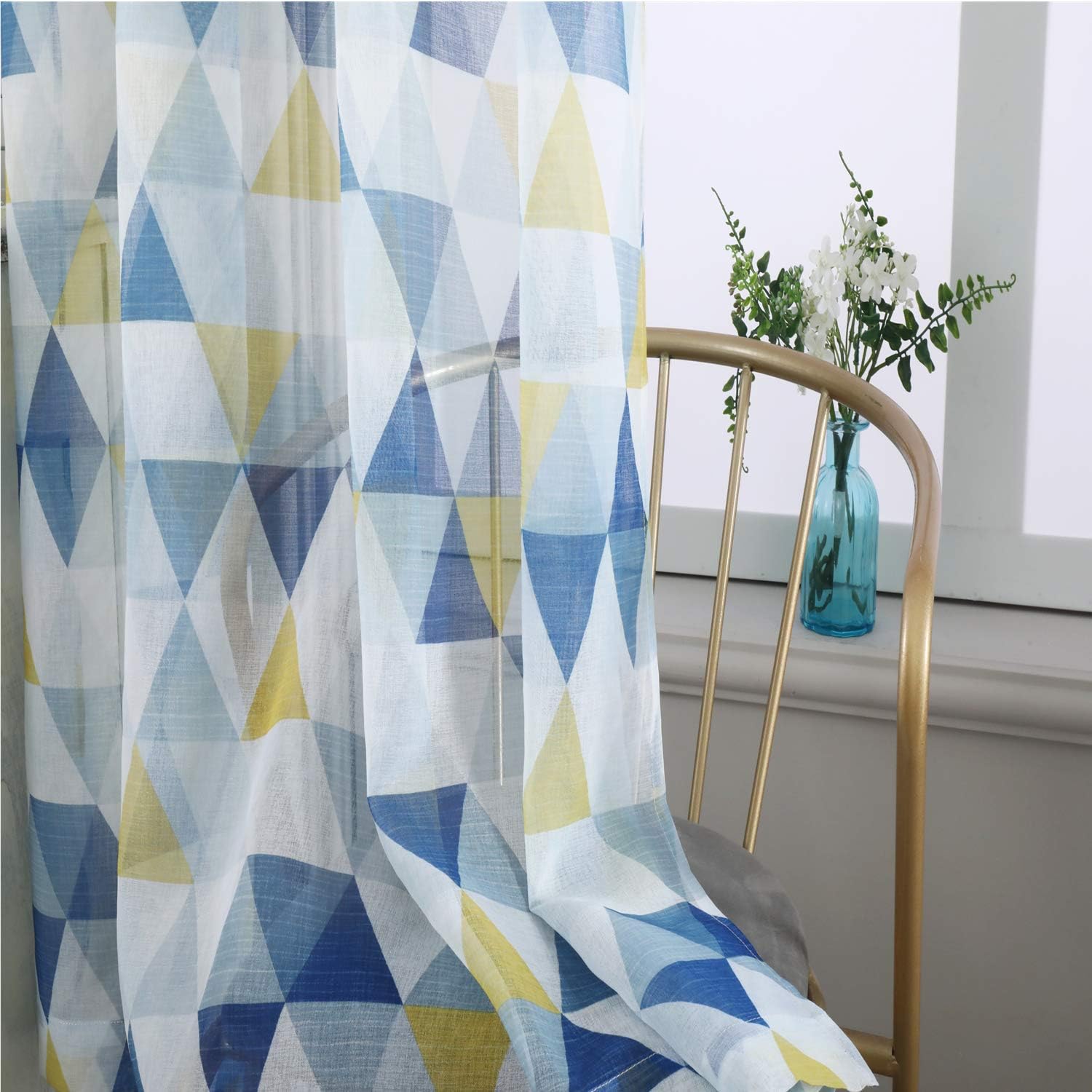 Eyelet Semi Sheer Curtains, Light Filtration and Keep Privacy, Bright Triangle Geometric Pattern Double Panels,52x84inch