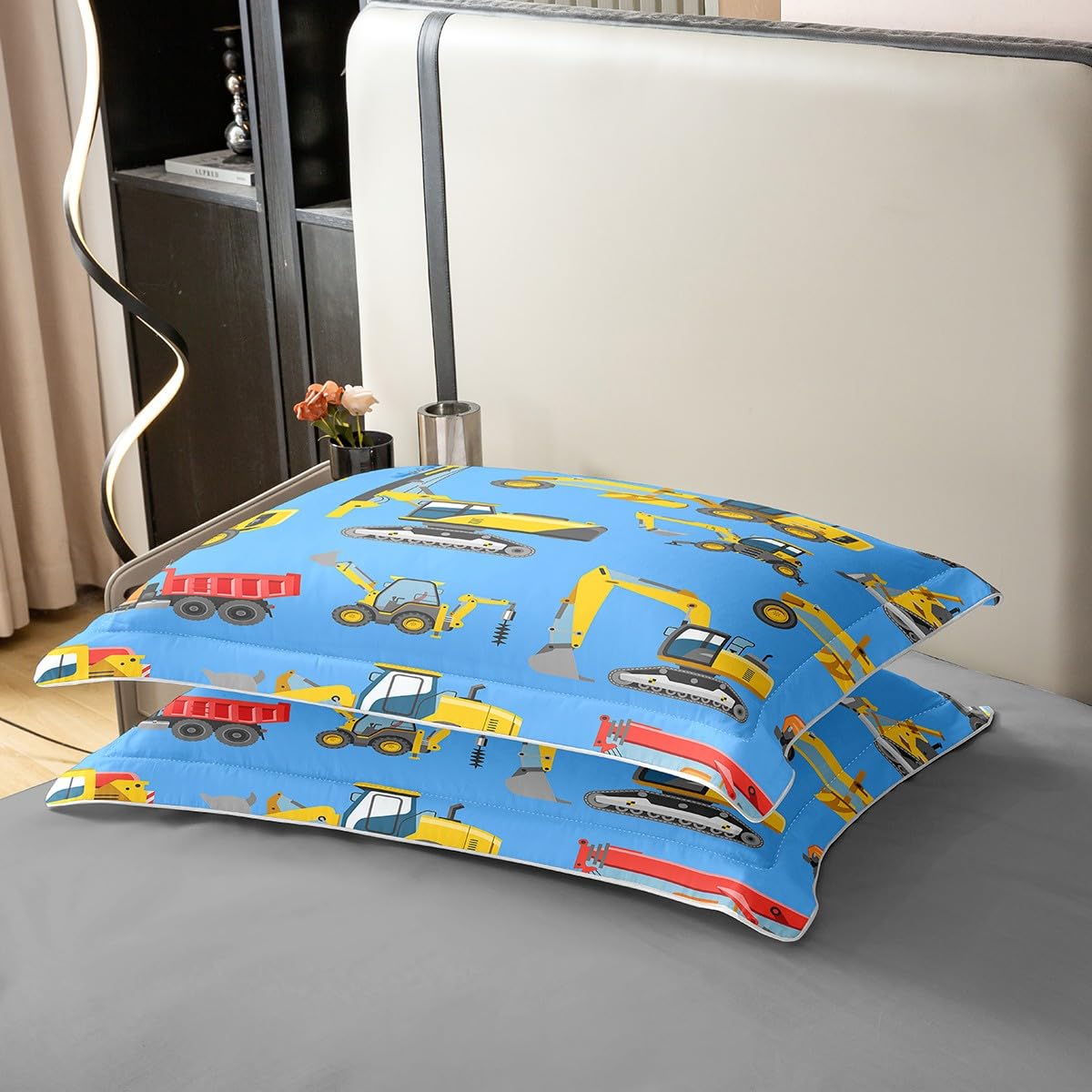 Loussiesd Kinder Bettwäscheset Cartoon Autodruck Bettbezug Niedlicher Bagger Bettwäsche Set 135x200cm 100% Baumwolle Weicher Dekor Reißverschluss mit 1 Kissenbezug 80x80 cm Gelb Blau