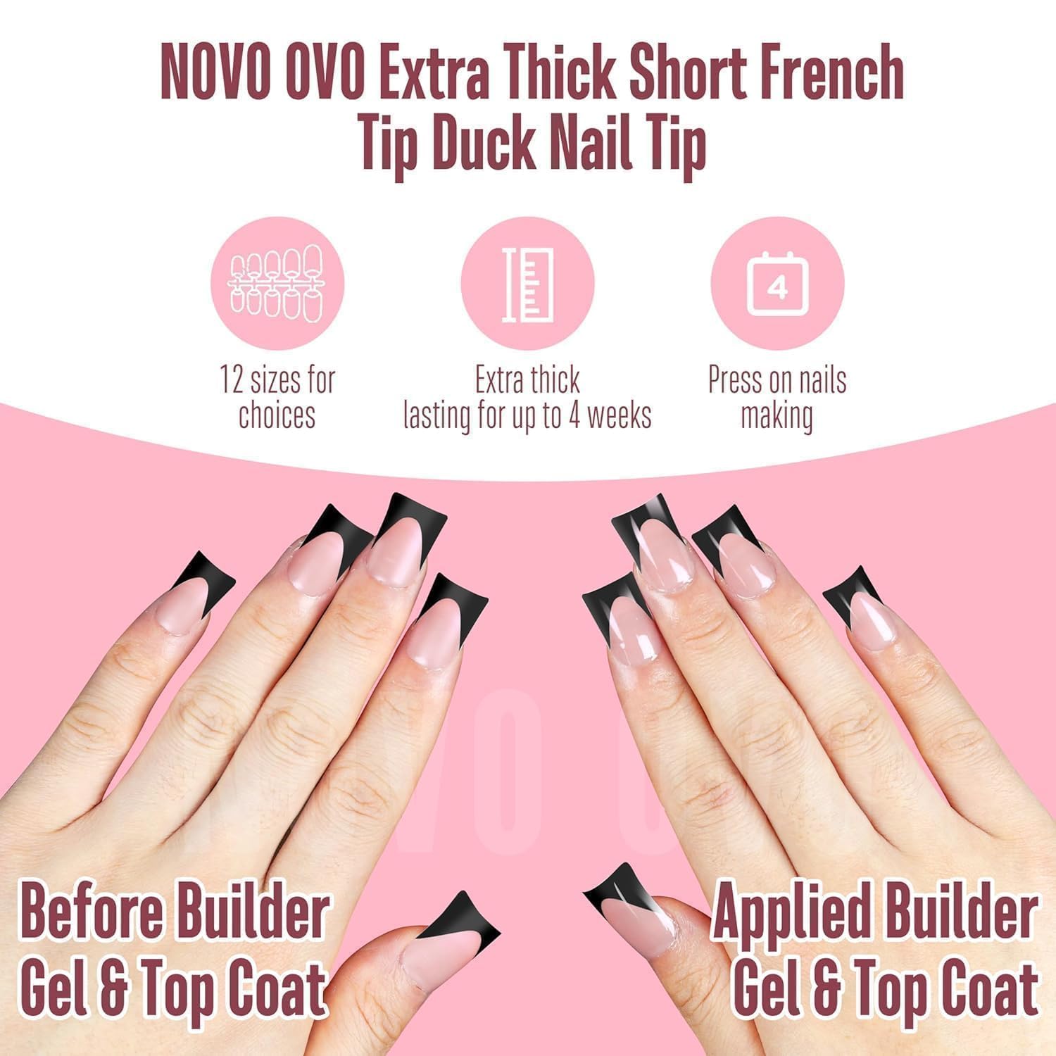 NOVO OVO Halloween Black French Tip Short Duck Nail Tips Press on, BABY PINK Pre-designed Soft Gel Nail Extension, Extra thick Full Cover Matte Vrial False Nails for Salon DIY x 12 Sizes 240 pcs