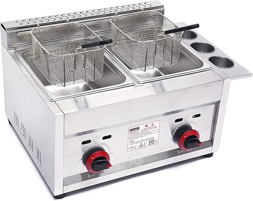 Miniatura 6 de XUANIIIL Freidora comercial de gas con cesta y tapa de 6 litros*2, freidora de gas licuado de acero inoxidable con control de temperatura, freidora