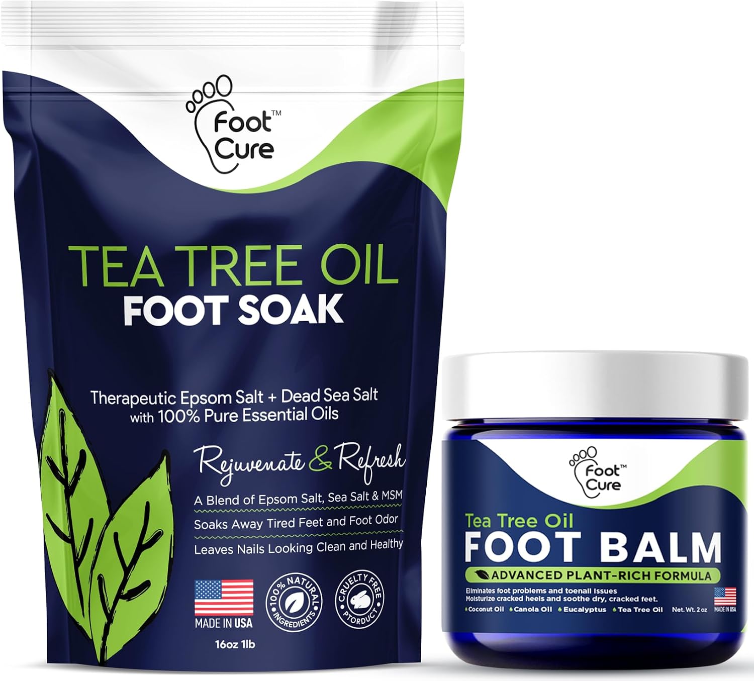 Tea Tree Oil Foot Soak with Epsom Salt with Foot Balm Foot Moisturizer For Dry Cracked Feet - Best Foot Care for Women and Men - Made in USA