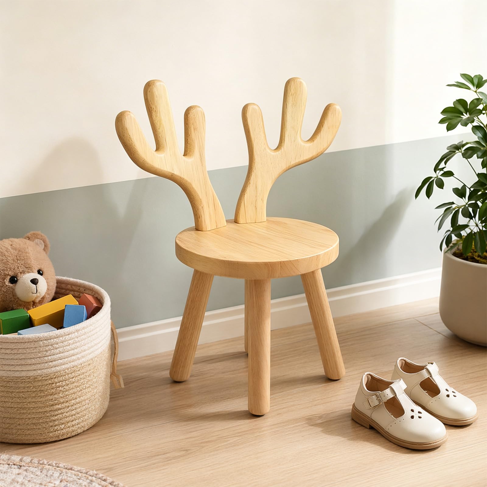Kinderstuhl Holz ab 3 Jahren – Massivholz Kinderhocker 45 x 26cm mit Hirschgeweihform-Rückenlehne, kinderhocker holz 25cm Sitzhöhe, stabiler Holzstuhl für Kinderzimmer, Essen, Malen & Lesen