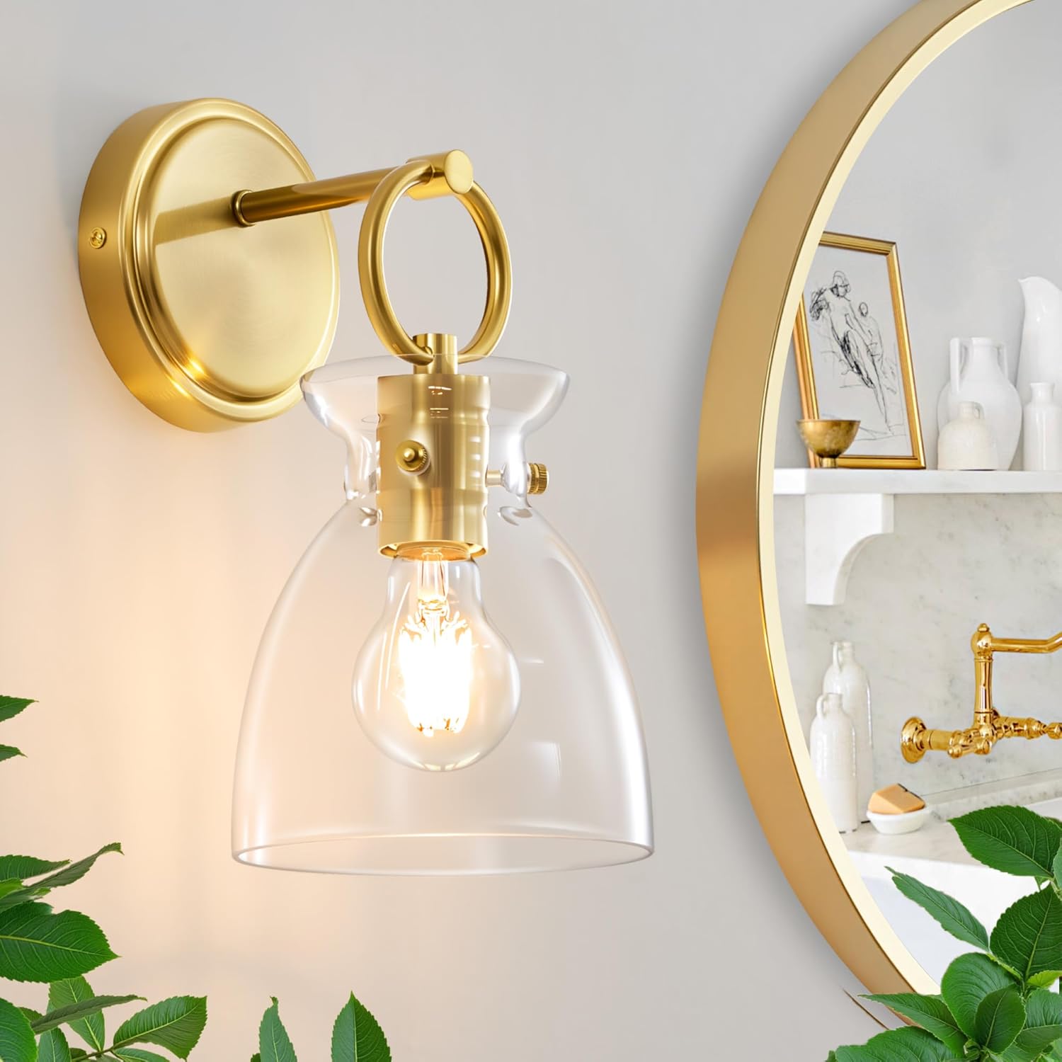 Gold Wall Sconce 1-Light Hardwired Wall Mount Modern Farmhouse Vanity Light Fixtures with 6 Inch Clear Glass Shade, Wall Lights for Bathroom, Bedroom, Living Room, Mirror, Kitchen, 1 Pack