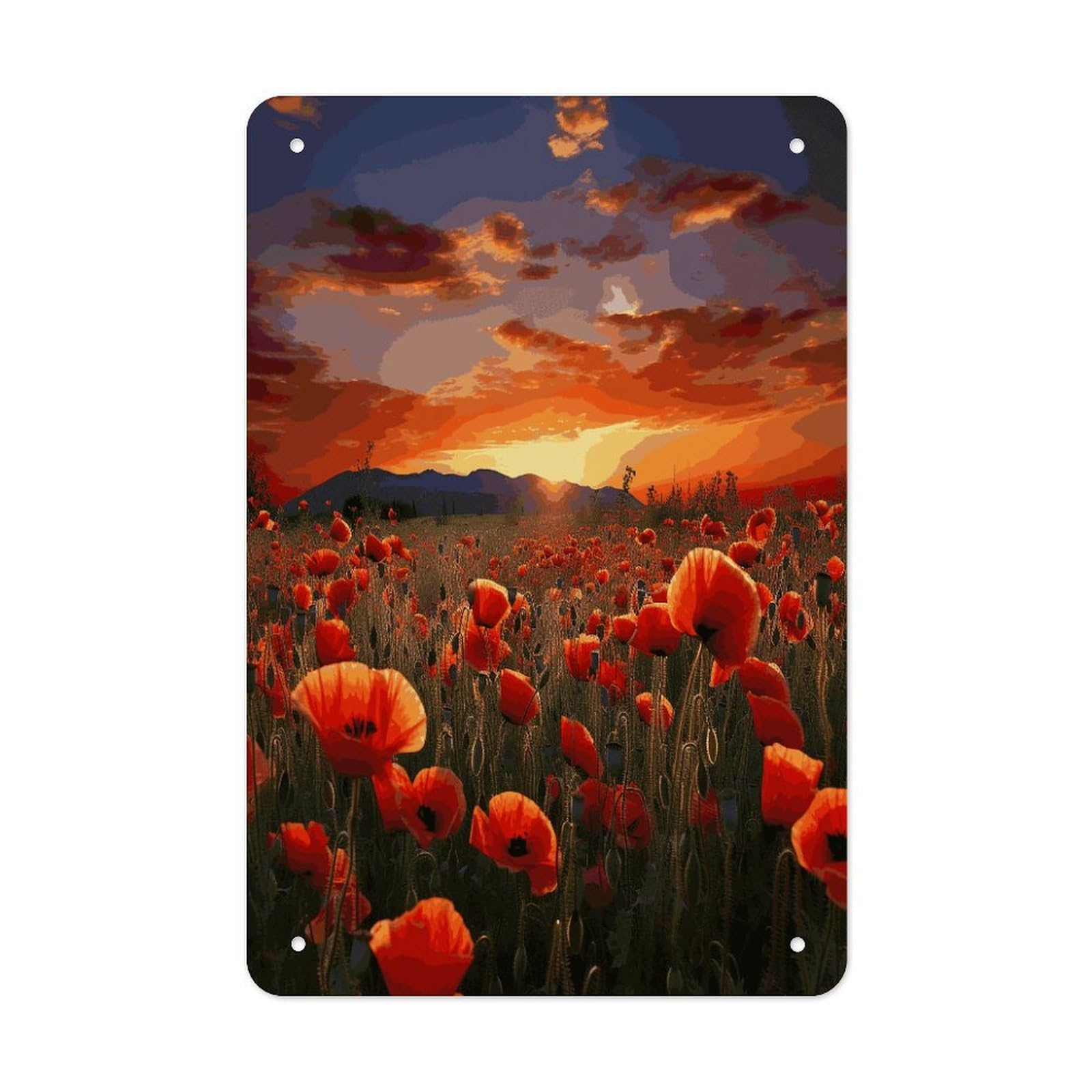 LDGSUPH Red Poppy Flower Field in Sunset Wall Art Prints Folded Edge Iron Sheet Painting with Holes for Wall Prints Decorative Picture Metal Signboard Decor Painting for Outdoor Indoor Wall Decor