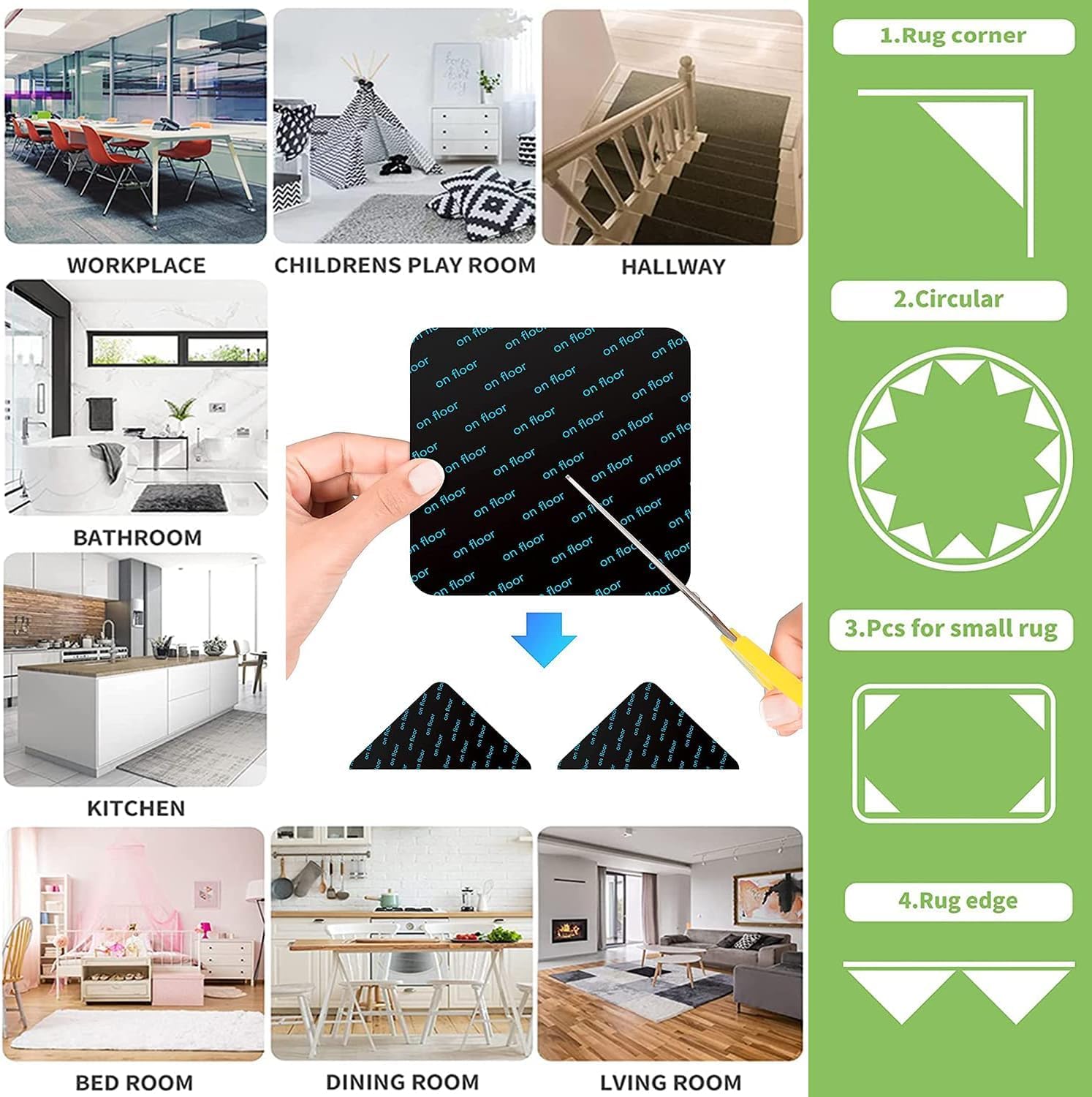 16 PCS Grippers of Rug Pad, Non-Slip Carpet Gripper for Hardwood Floors and Tile, Reusable and Washable Area Carpet Tape, Double-Sided Adhesive Pads, Keeps Corners Flat — view 3