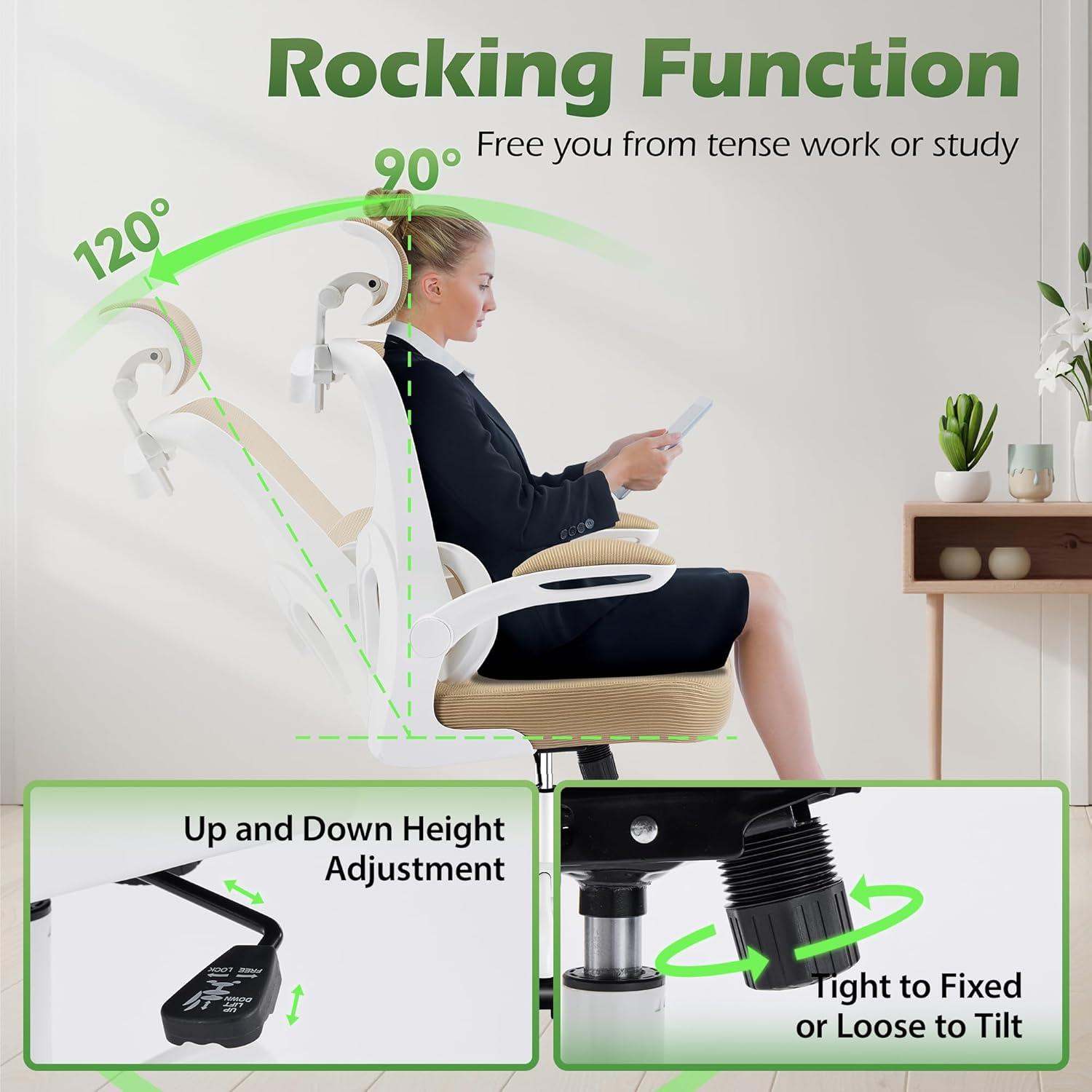 Rear view of the chair showing the integrated clothing hook on the backrest, with a bag hanging from it.