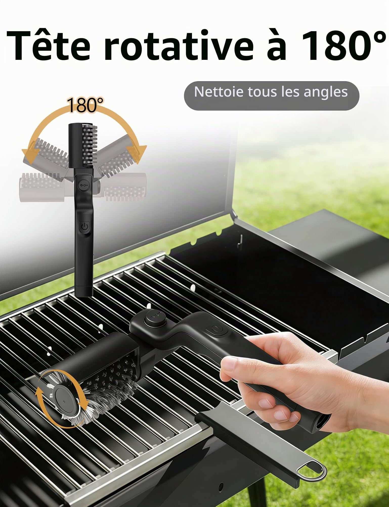 Brosse Électrique pour BBQ sans Fil, Nettoyeur de Grill Rechargeable 90 min | Idéal pour Barbecue, Grill et Plancha. 3 Vitesses de Puissance et 90 min d'Autonomie. Nettoyage Efficace et sans Effort