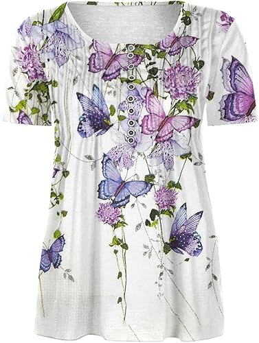 Miniatura 5 de SMIDOW Womens Tunic Tops Trendy Vintage Boho Shirts Short Sleeve Notch v Neck t-Shirt 2023 Casual Summer Blouse Empire Waist