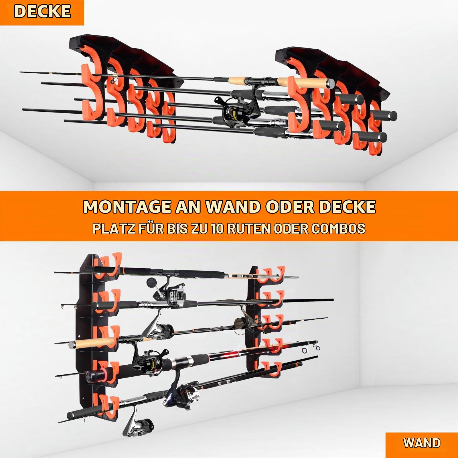 BOOSTEADY Fishing Rod Rack Angelrutenhalter Stangenhalter Angelrutenständer für die Garage, Wandhalterung Deckenhalterung für Angelruten, Angelausrüstung als Geschenk für Herren (2, orange)