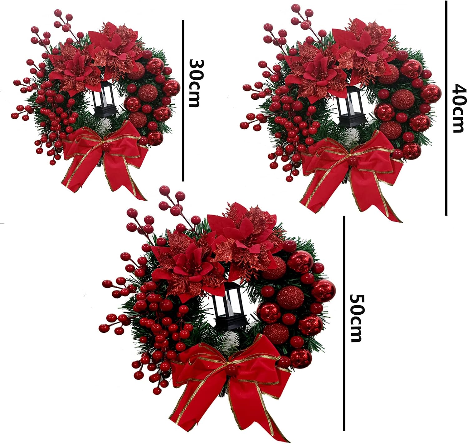 20in Christmas Decorations - Christmas Wreaths for Front Door, with LED Oil Lamp Artificial Christmas Wreath Door Decorations, Xmas Ball Artificial Red Berry Grass (Red, 19.7in)