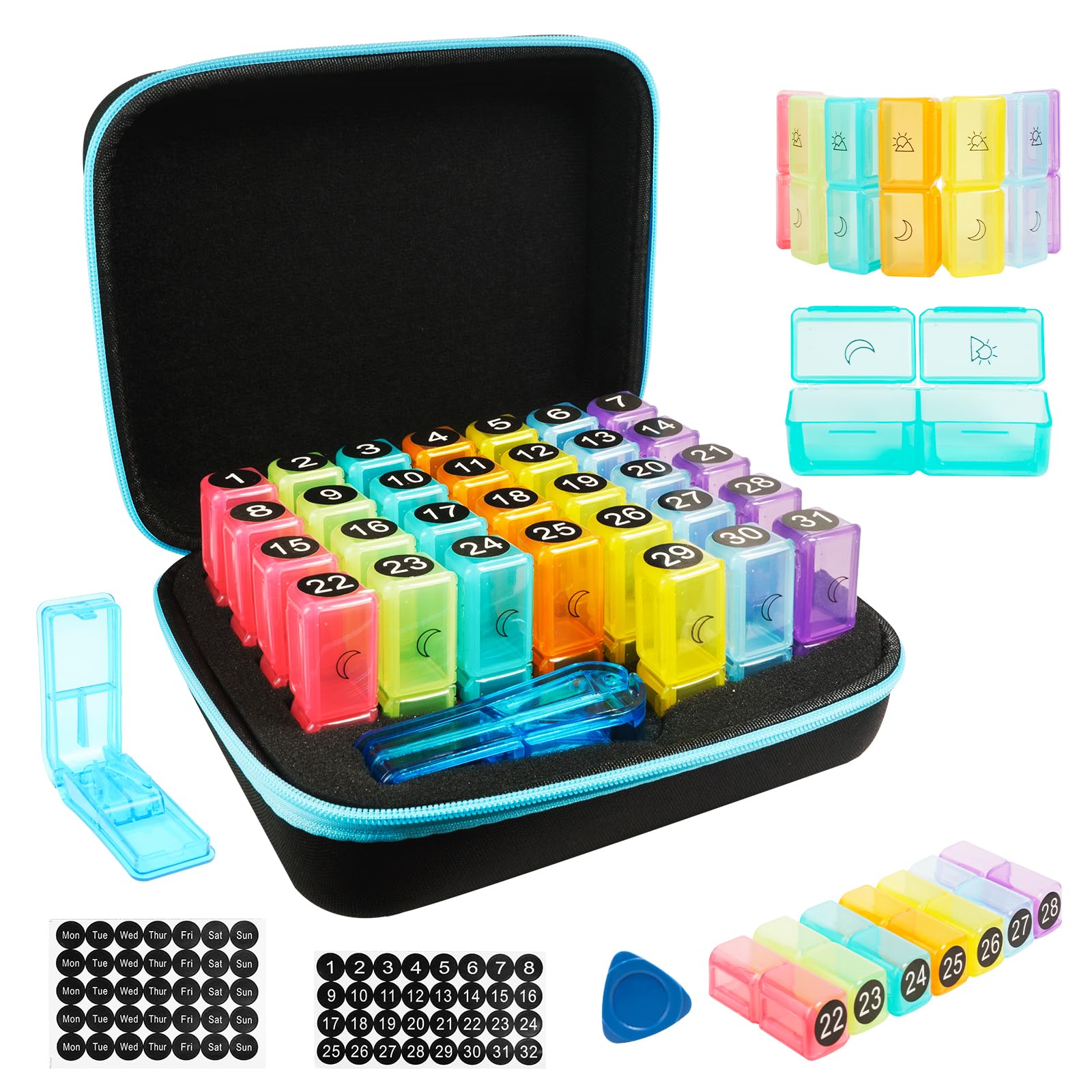 Pilulier mensuel 2 fois par jour, pilulier de voyage avec étiquettes et coupe-pilules, organiseur de médicaments avec compartiments de 31 jours, étui de rangement portable pour vitamines avec
