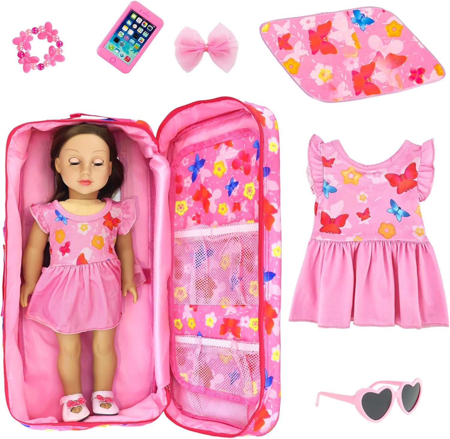 ZITA ELEMENT American 18 Inch Doll Butterfly Design Carrier Case Travel Bag, Crossbody Shoulder Bag Backpack with Accessories: Dress, Sunglasses, Hair Clip, Bracelet and Cushion