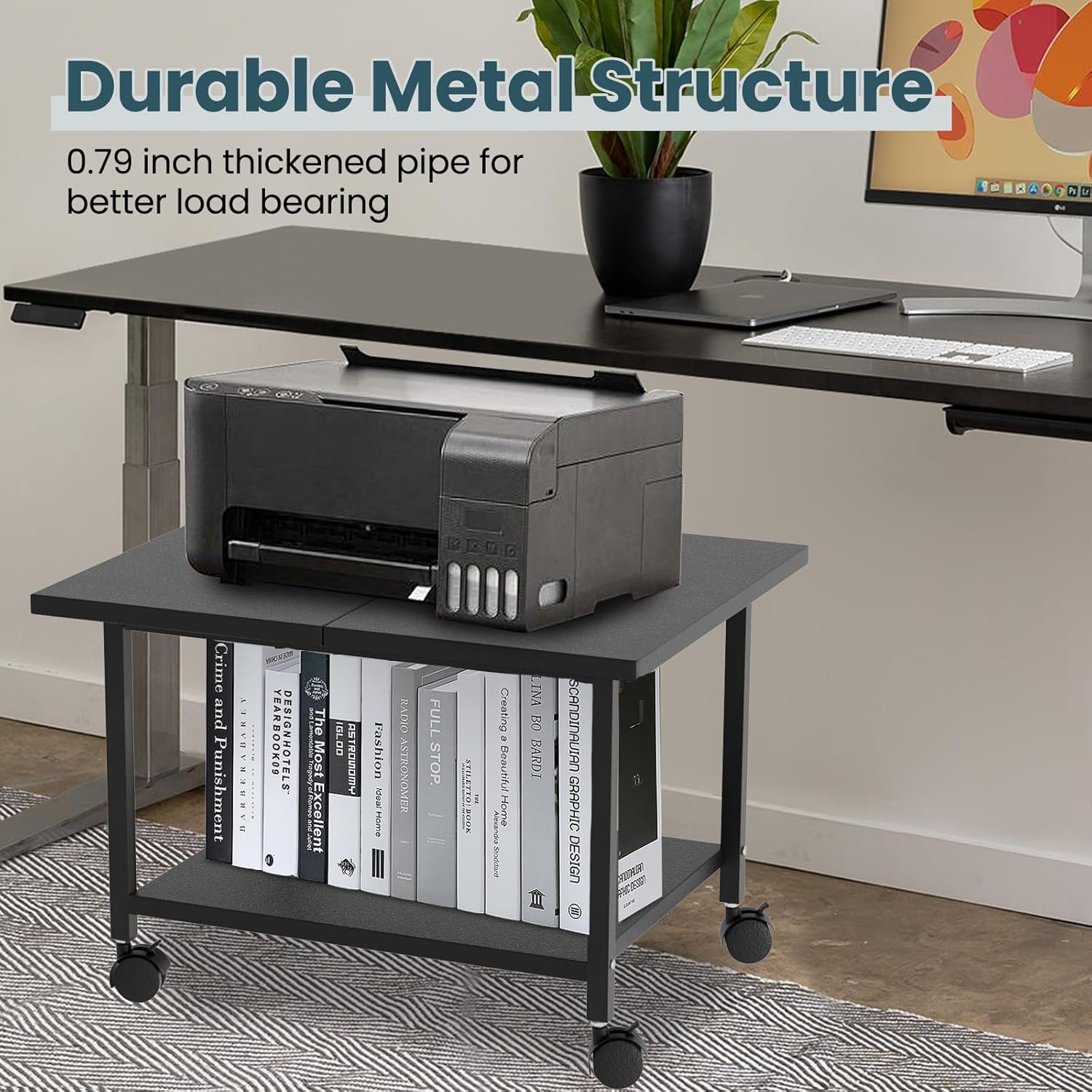 SwaaVee Printer Stand with Storage Under Desk Shelf, Desktop Printer Stand Organizer, Rolling Printer Cart Storage Paper Files Holder for Desk, Office, Home, (Black)