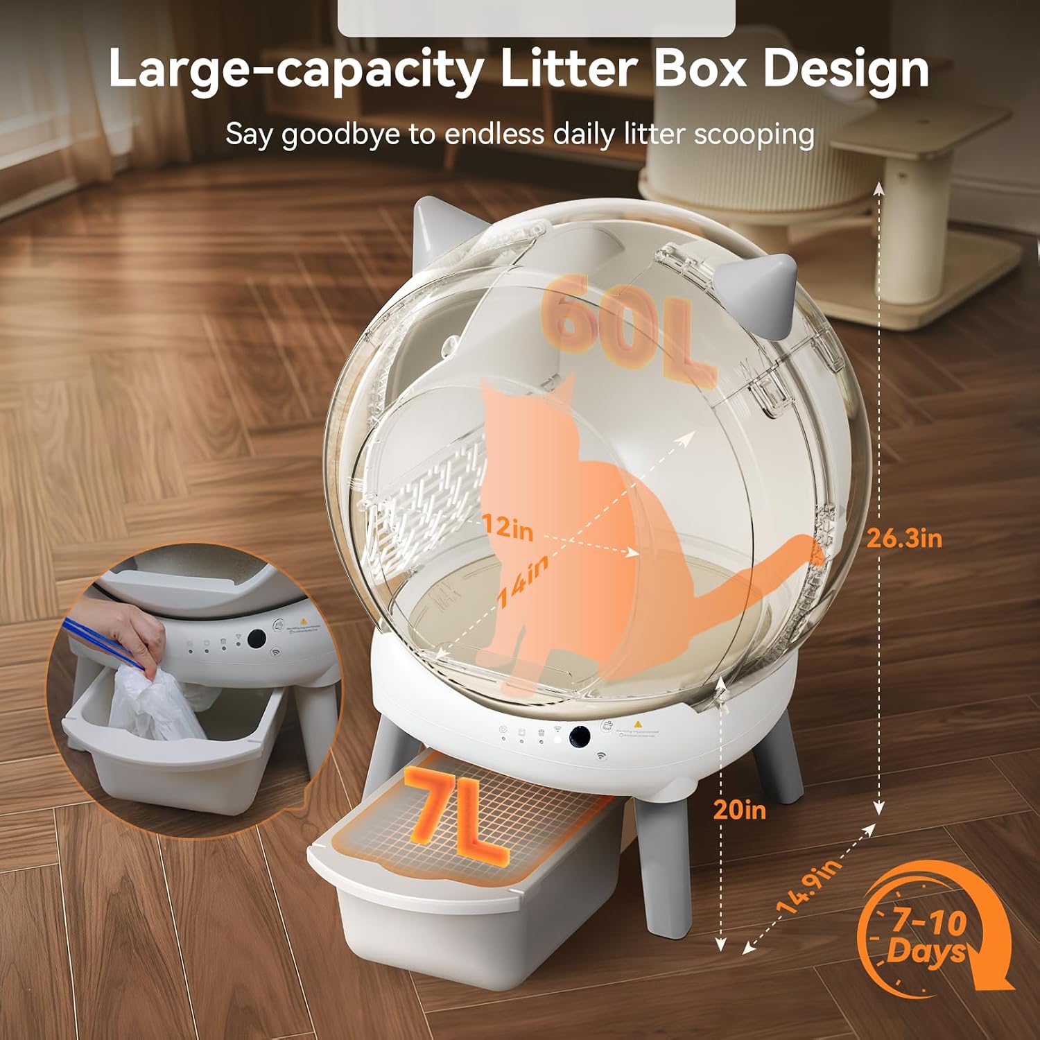 Self Cleaning Litter Box - E2 Automatic Cat Litter Box Smart Self Cleaning Robot for Cats, Double Safety Protection, App Control, 2 Roll Garbage Bags & Mat（White & Grey