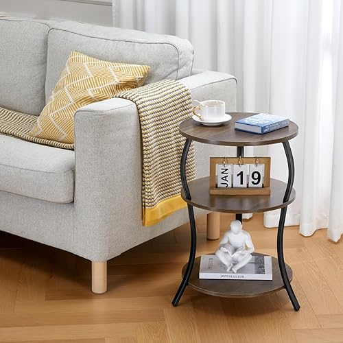 Miniatura 8 de Mesa auxiliar redonda, mesa auxiliar de cintura de 3 niveles con estante de almacenamiento, mesas auxiliares para sala de estar, mesa redonda de