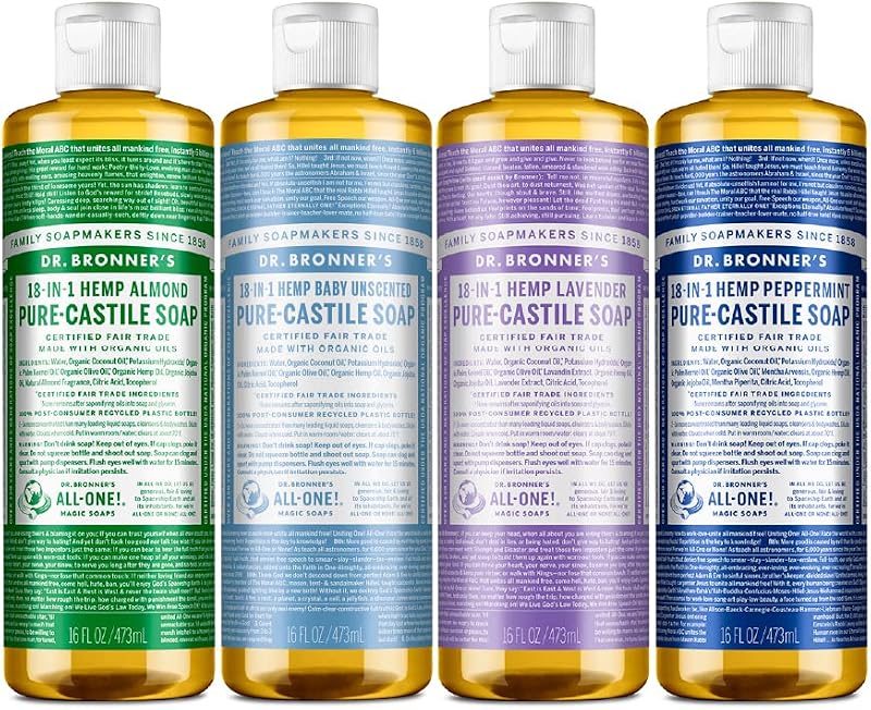 Dr. Bronner's Sabonete líquido Pure-Castile, sabores Almond, Lavender, Baby Unscented e Peppermint, Pacote com 4 de 473 mL