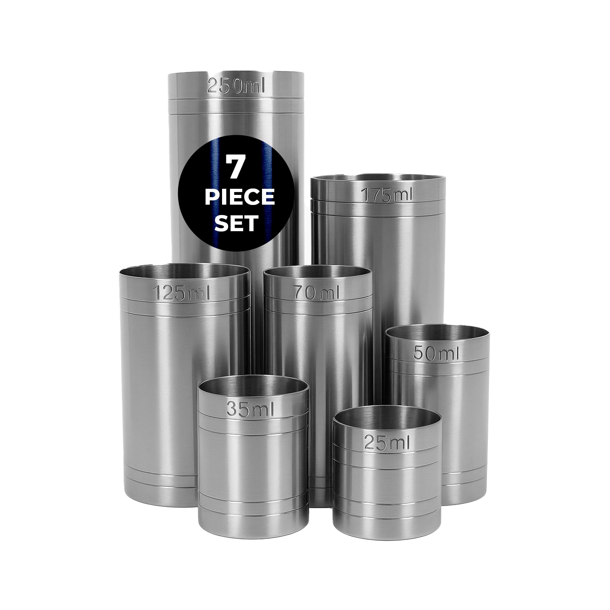 Chabrias Ltd 7 Pack 25, 35, 50, 70, 125, 175, 250ml Premium Stainless Steel Thimble Wine Measure, Professional Spirit Measuring Cups, Home Bars, Cocktail Stations & Bartenders, Government
