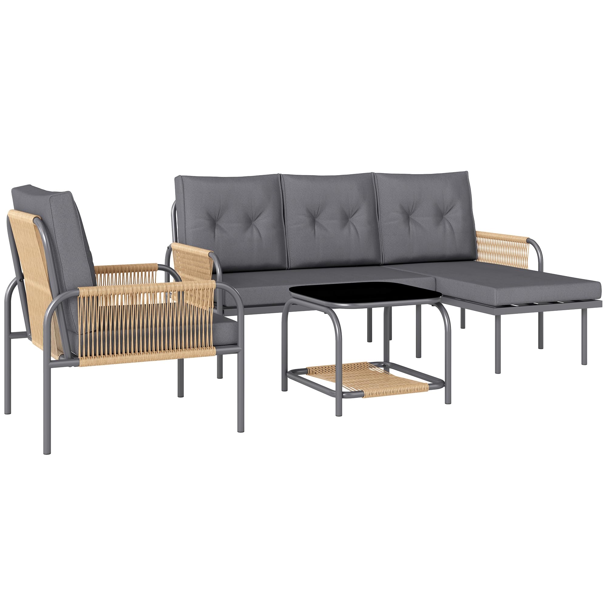 Outsunny Set di Mobili da Giardino in Rattan 4 Pezzi, Salotto da Esterno con Divanetto 2 Posti, Poltrona, Chaise Longue con Cuscini Lavabili e Tavolino in Vetro, Set Giardino Esterno, Grigio Scuro