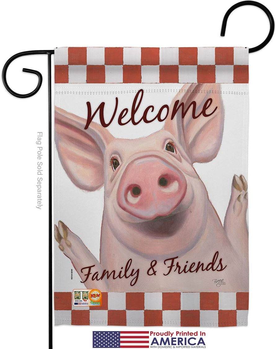 Welcome Piggy Garden Flag Set Wall Hanger Animals Barnyard Animal Cow Horse Rooster Farmhouse Pet Nature Farm Creature Small Decorative Gift Yard House Banner Made In USA 13 X 18.5