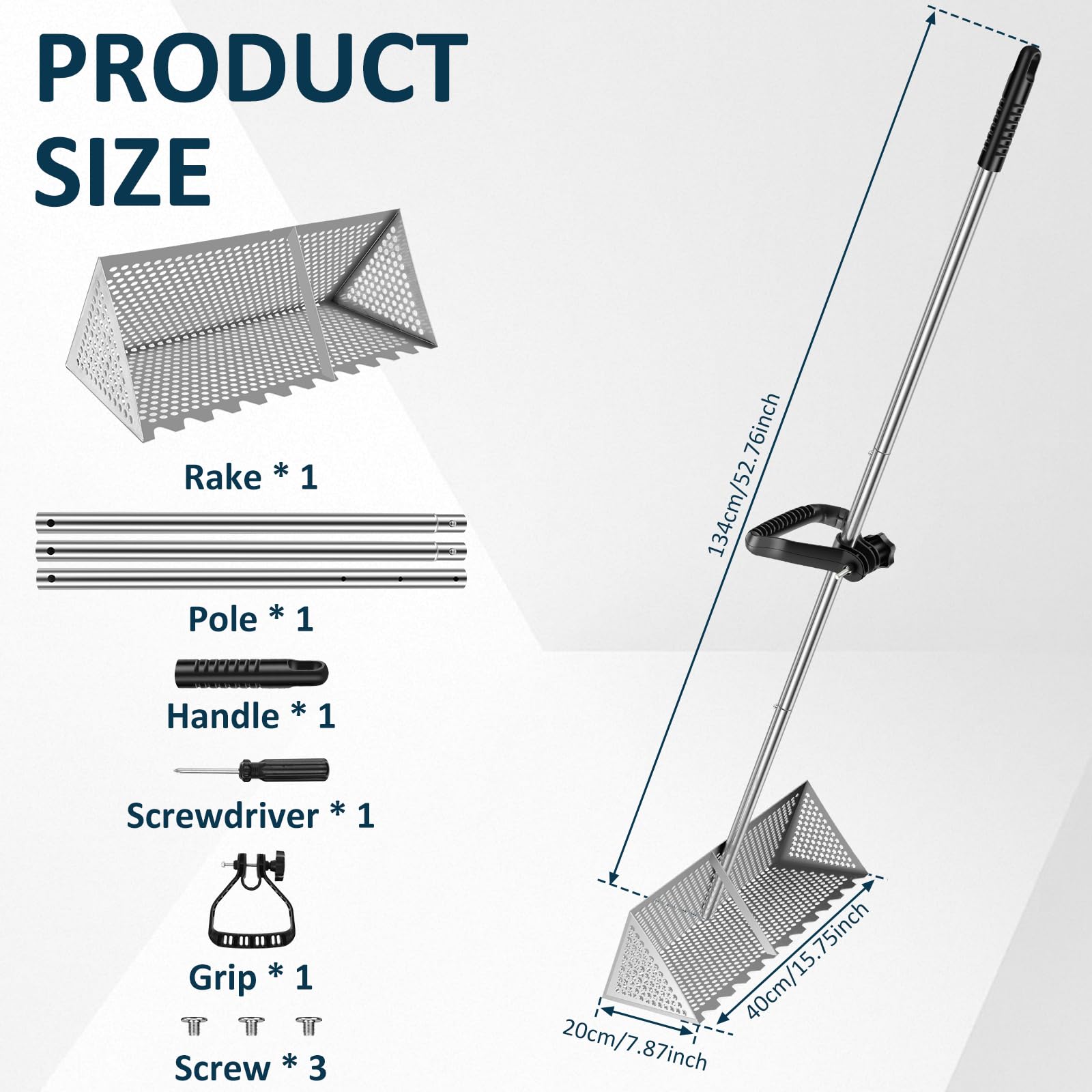 Rastrillo para pulgas de arena, tamiz de arena de playa de acero inoxidable con cesta de 40 cm de ancho, mango largo desmontable, herramienta de pala de cangrejo para encontrar