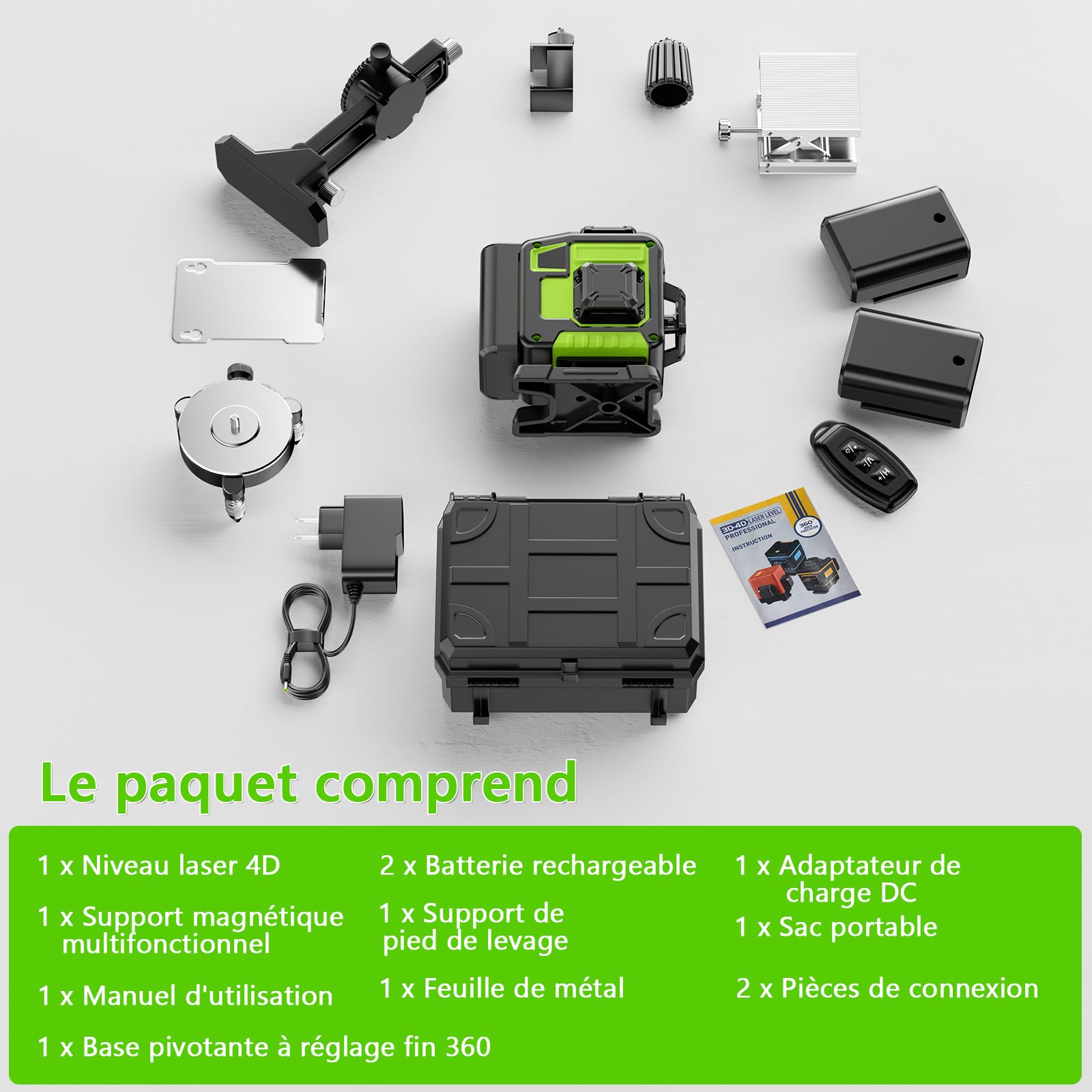Niveau Laser Chantier Autonivelant 360° x 4, Lazer Niveaux 4D 16 Lignes Laser, Autonivellement et Mode Pulsé Extérieur, 2 x Batterie, Nivellement Automatique, Support Rotatif, Télécommande