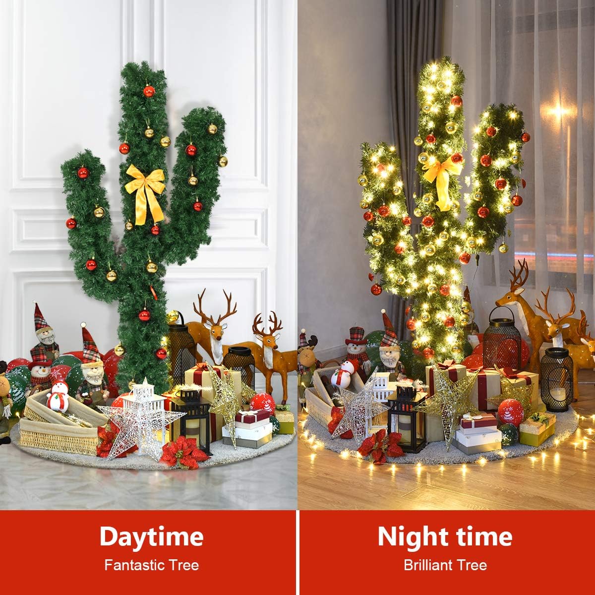 SAFEPLUS 5ft Cactus Christmas Tree Artificial Xmas Tree with 90 LED Lights and Bowknot