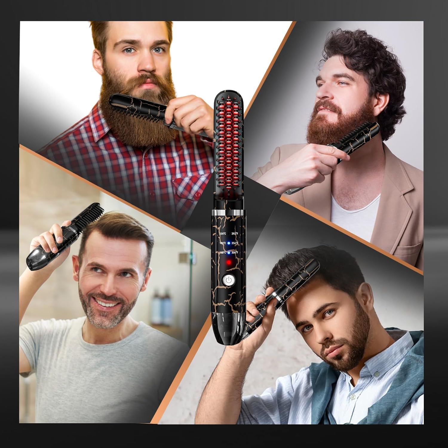 Beard Straightener for Men, Cordless Beard Heated Brush and Hair Straightener Hot Comb with 3 Temp Settings, Anti-Scald, Ionic Technology for Home Travel