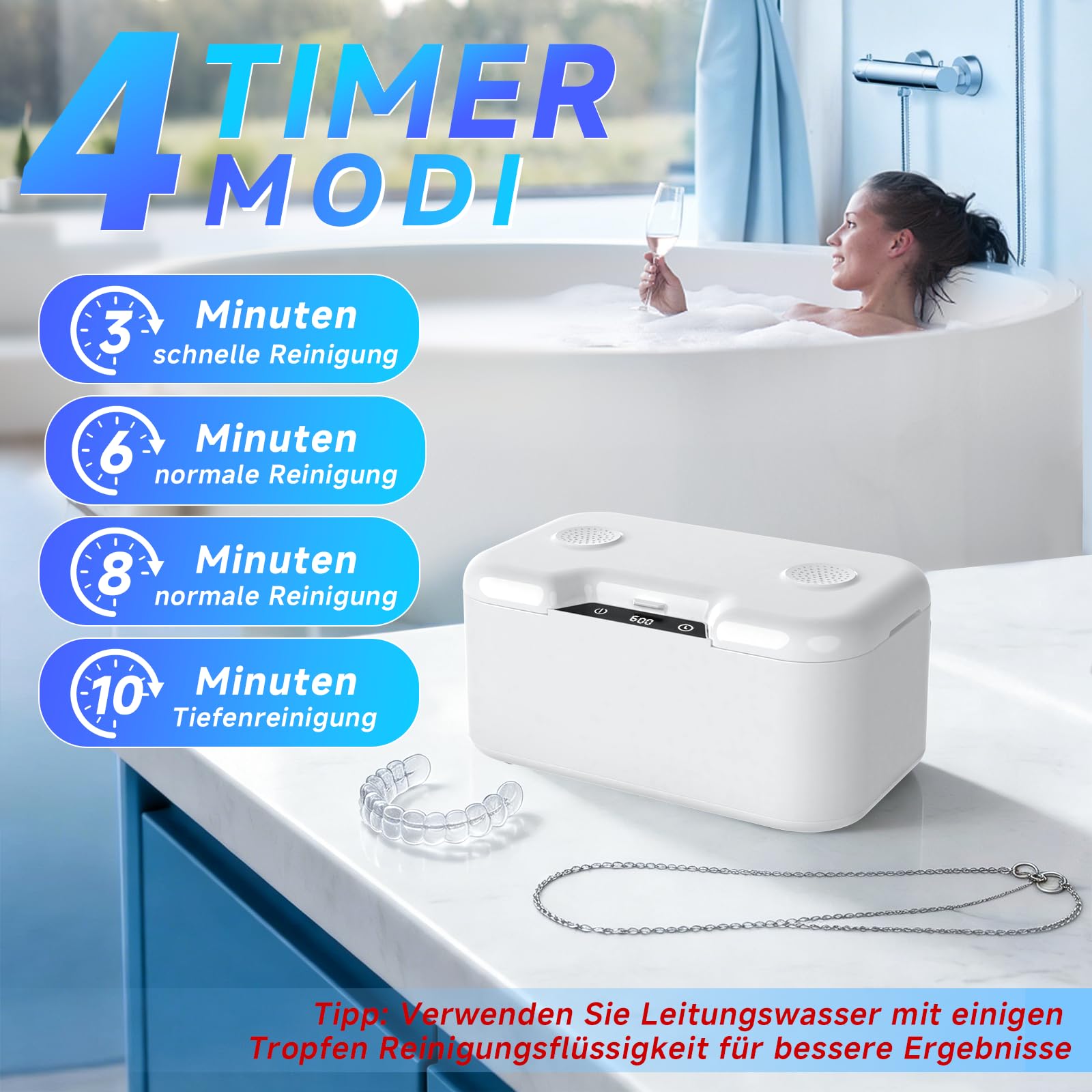 Ultraschallreinigungsgerät mit UV 500 ML, 45 kHz ultraschallreiniger 4 Timer-Modi, Ultrasonic Cleaner für Schmuck, Zahnersatz, Retainer, Aligner Zahnschiene und Prothesen