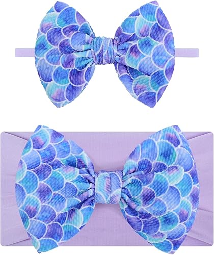 ONENINEDREAM 4.5'' Baby Bows Handmade Headbands 6'' Printed Tied Bow Elastic Nylon Hair Accessories for Baby Girls Newborn Infant 2 Pcs mermaid