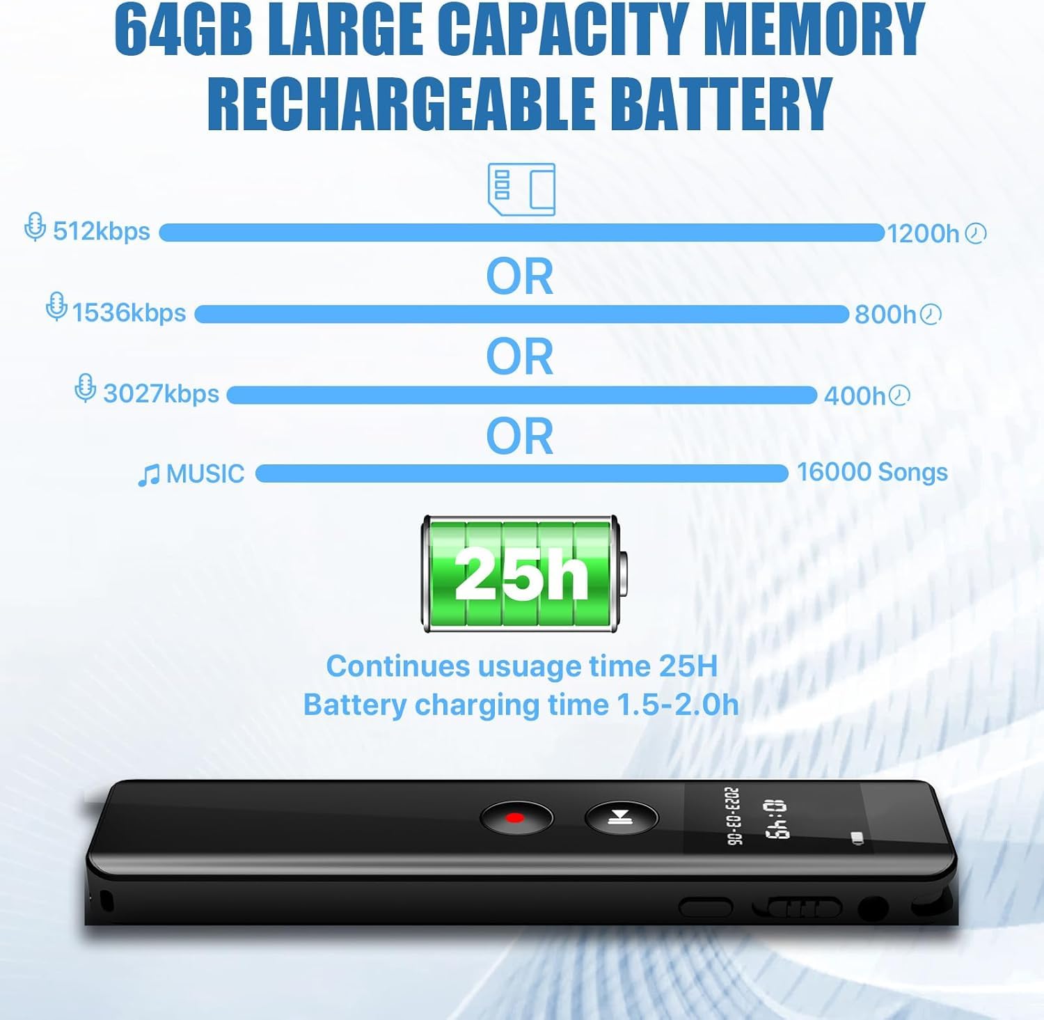128GB Digitales Diktiergerät mit Wiedergabe,KI Geräuschunterdrückung, Sprachaktivierung, MP3-Player, Passwortschutz, USB-C, Bluetooth-Anrufaufnahme, für Vorlesungen,Meetings,Interviews