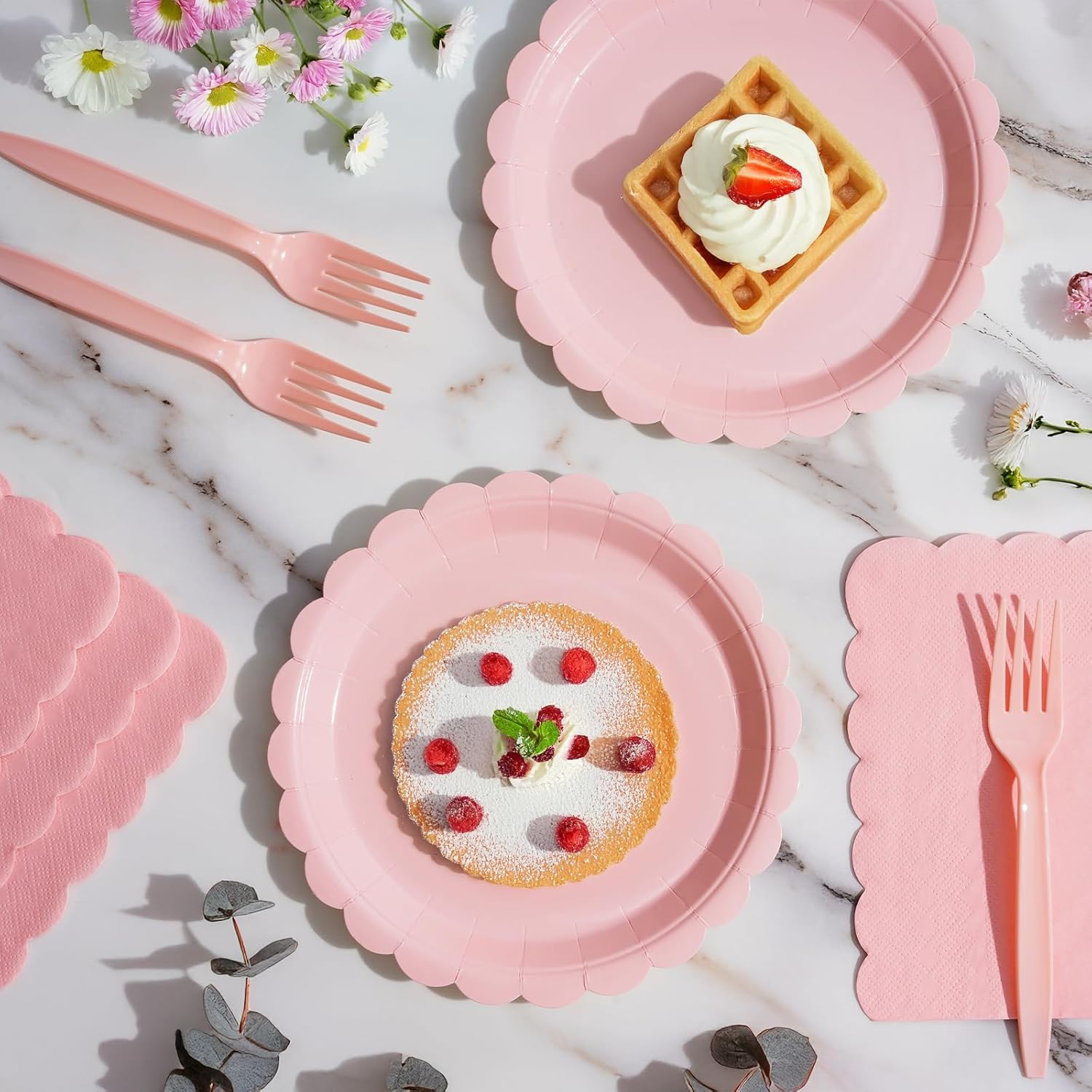 105PCS Paper Plates and Napkins Set,7 Inch Scalloped Disposable Tableware with Forks for Birthdays, Garden Parties & Outdoor Events,Serves 35 (Light Pink) - Image 4