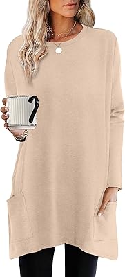 XIEERDUO Womens Tunic Tops Long Sleeve Crew Neck High Low Hem Loose Fit Shirts Blouses with Pockets